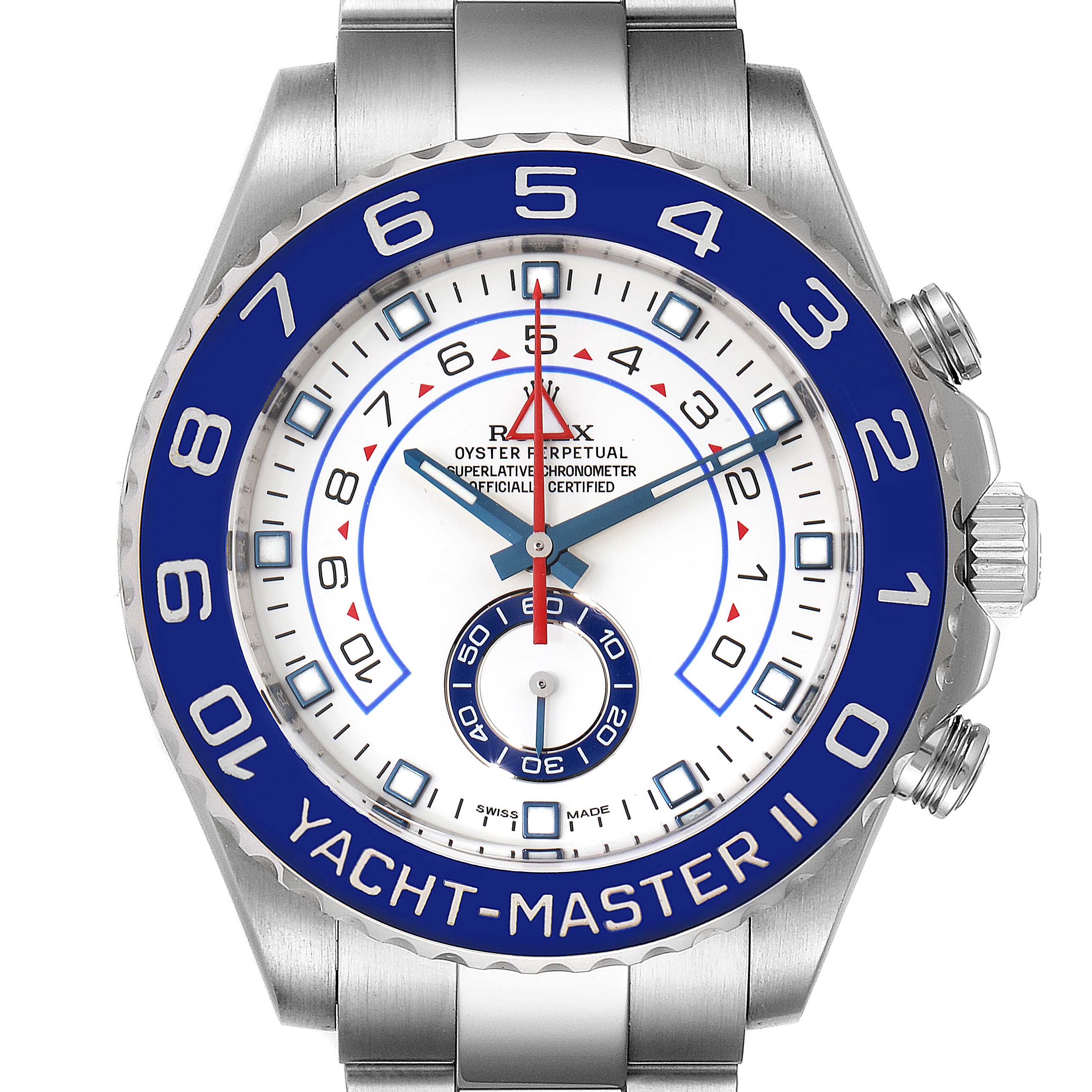The image shows a front view of the Rolex Yacht-Master 116680 Men's Stainless Steel White Dial 116680 Men's Stainless Steel White Dial II watch, highlighting its bezel, dial, and case.