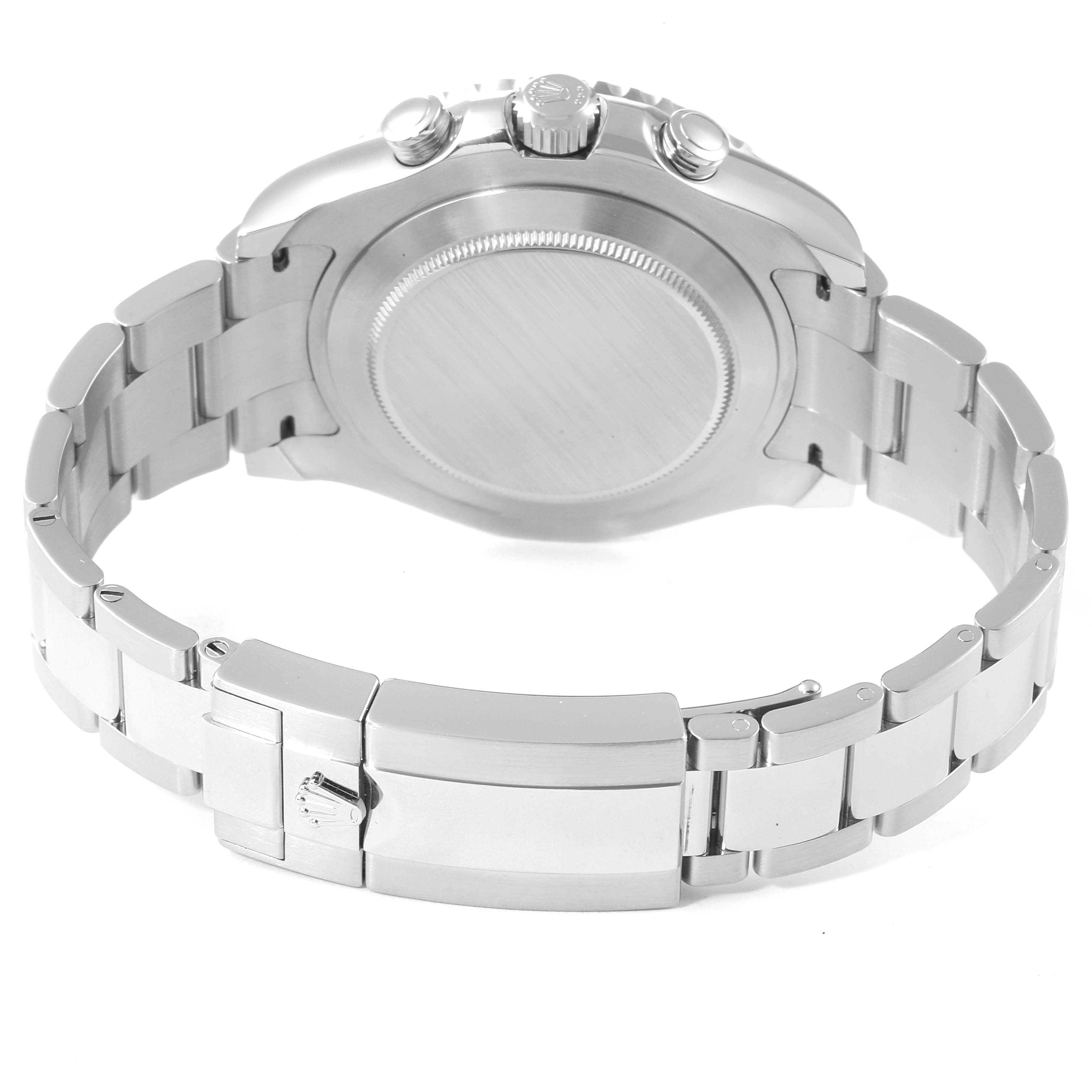 The image shows the back case and clasp of a Rolex Yacht-Master 116680 Men's Stainless Steel White Dial 116680 Men's Stainless Steel White Dial watch viewed from behind.