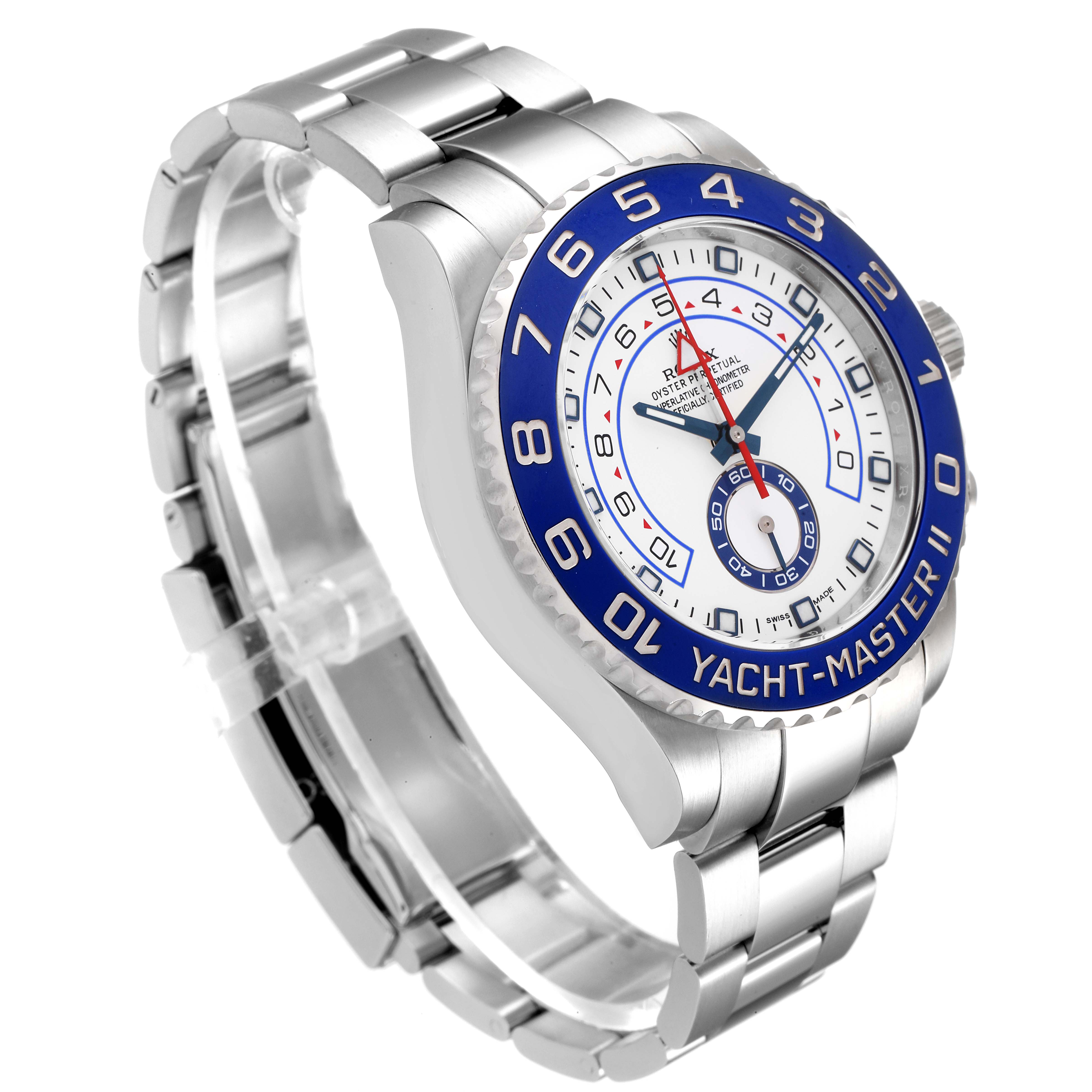 The image shows a Rolex Yacht-Master 116680 Men's Stainless Steel White Dial 116680 Men's Stainless Steel White Dial watch at a slight angle, highlighting the face, bezel, and bracelet.
