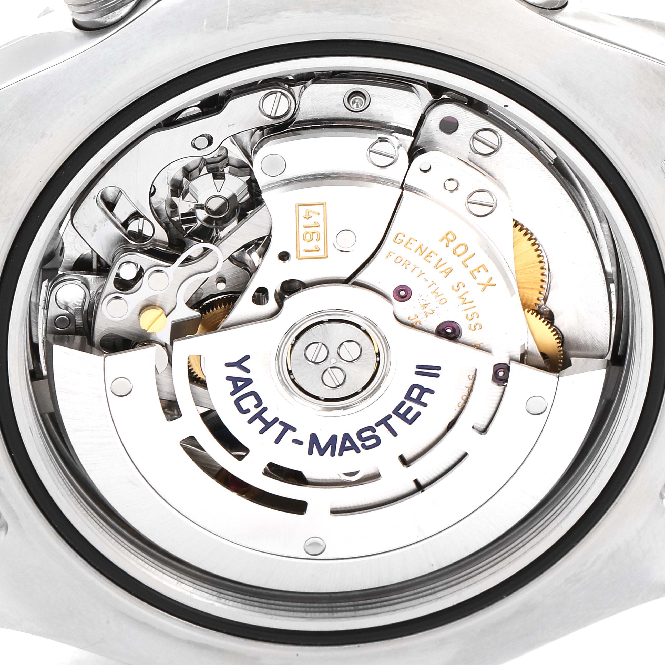 This image shows the intricate inner movement of a Rolex Yacht-Master 116680 Men's Stainless Steel White Dial 116680 Men's Stainless Steel White Dial II watch from a close-up, rear angle.