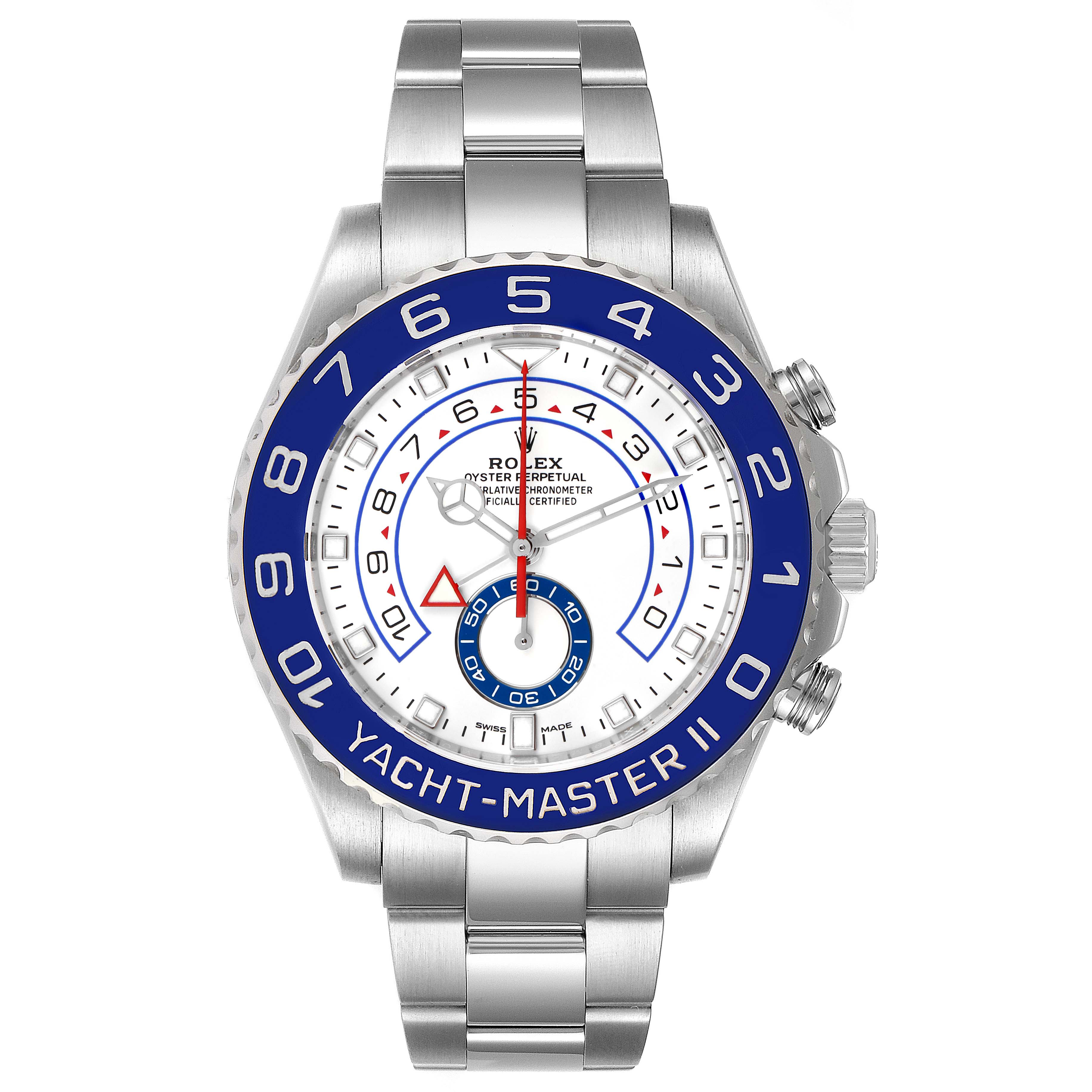 The image shows a front view of a Rolex Yacht-Master 116680 Men
s Stainless Steel White Dial 116680 Men
s Stainless Steel White Dial II watch with a blue bezel and stainless steel bracelet.