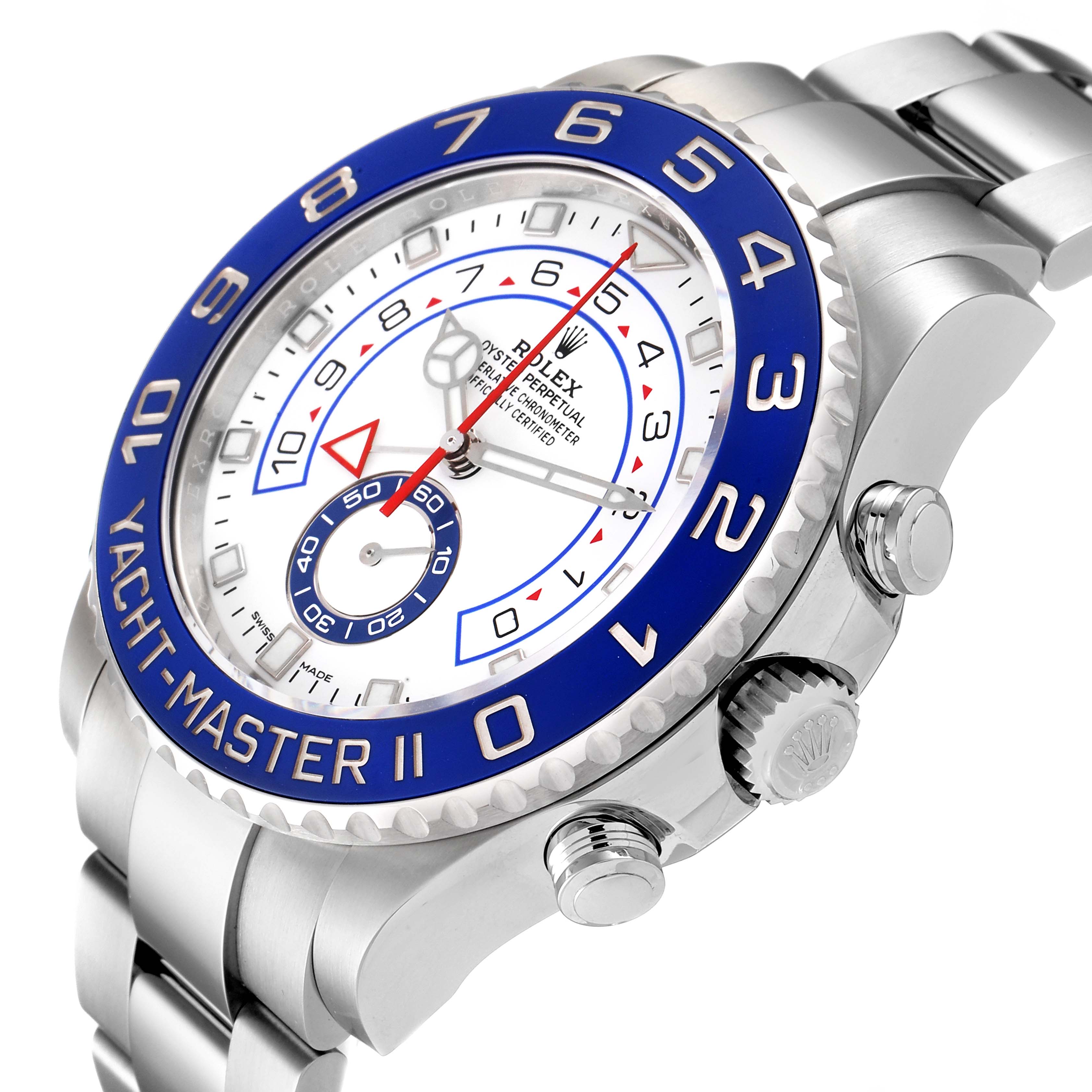 The image shows a side angle of the Rolex Yacht-Master 116680 Men
s Stainless Steel White Dial 116680 Men
s Stainless Steel White Dial II watch, highlighting its blue bezel, white dial, and stainless steel bracelet.