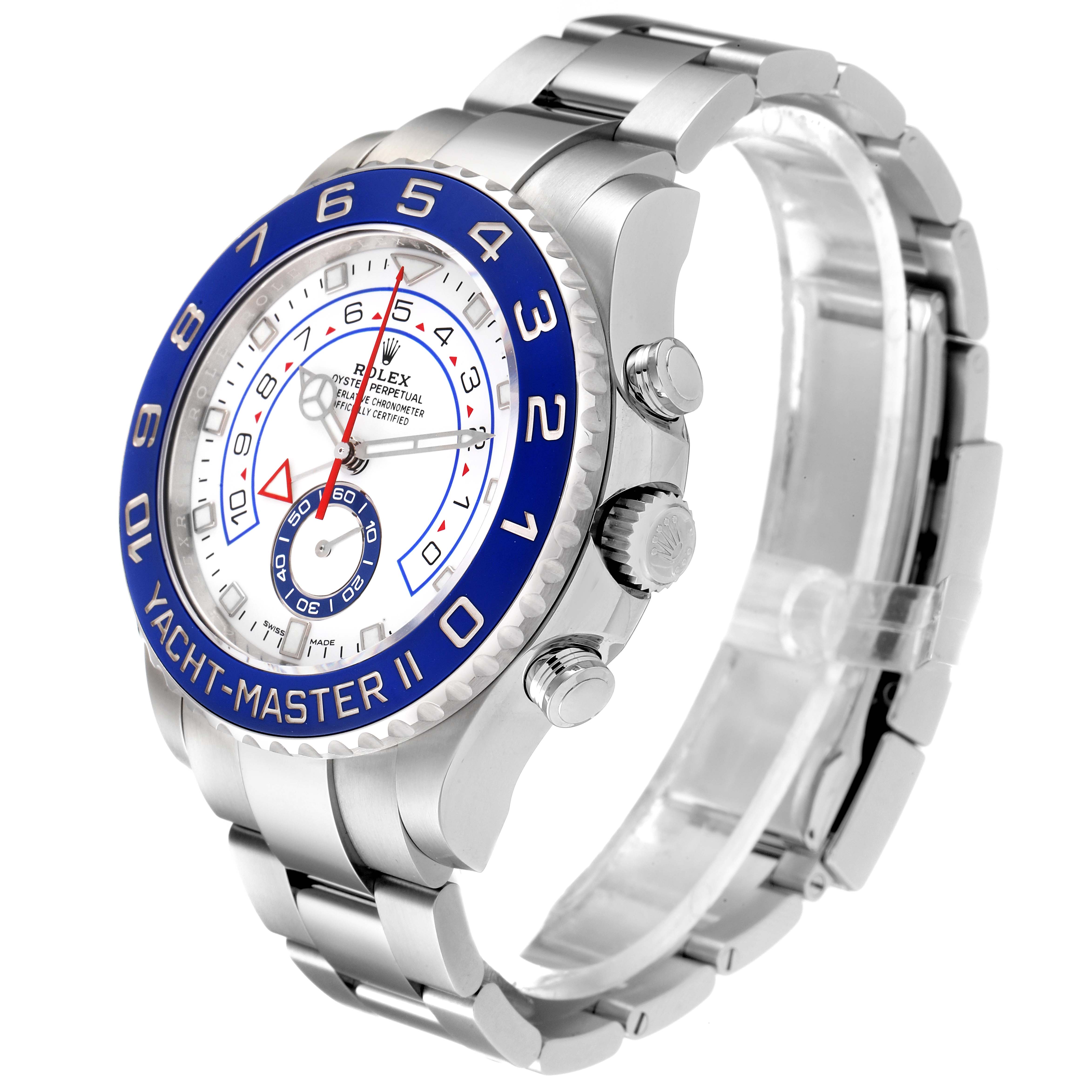 The image shows a side view of a Rolex Yacht-Master 116680 Men
s Stainless Steel White Dial 116680 Men
s Stainless Steel White Dial II watch, highlighting the dial, bezel, crown, and bracelet.