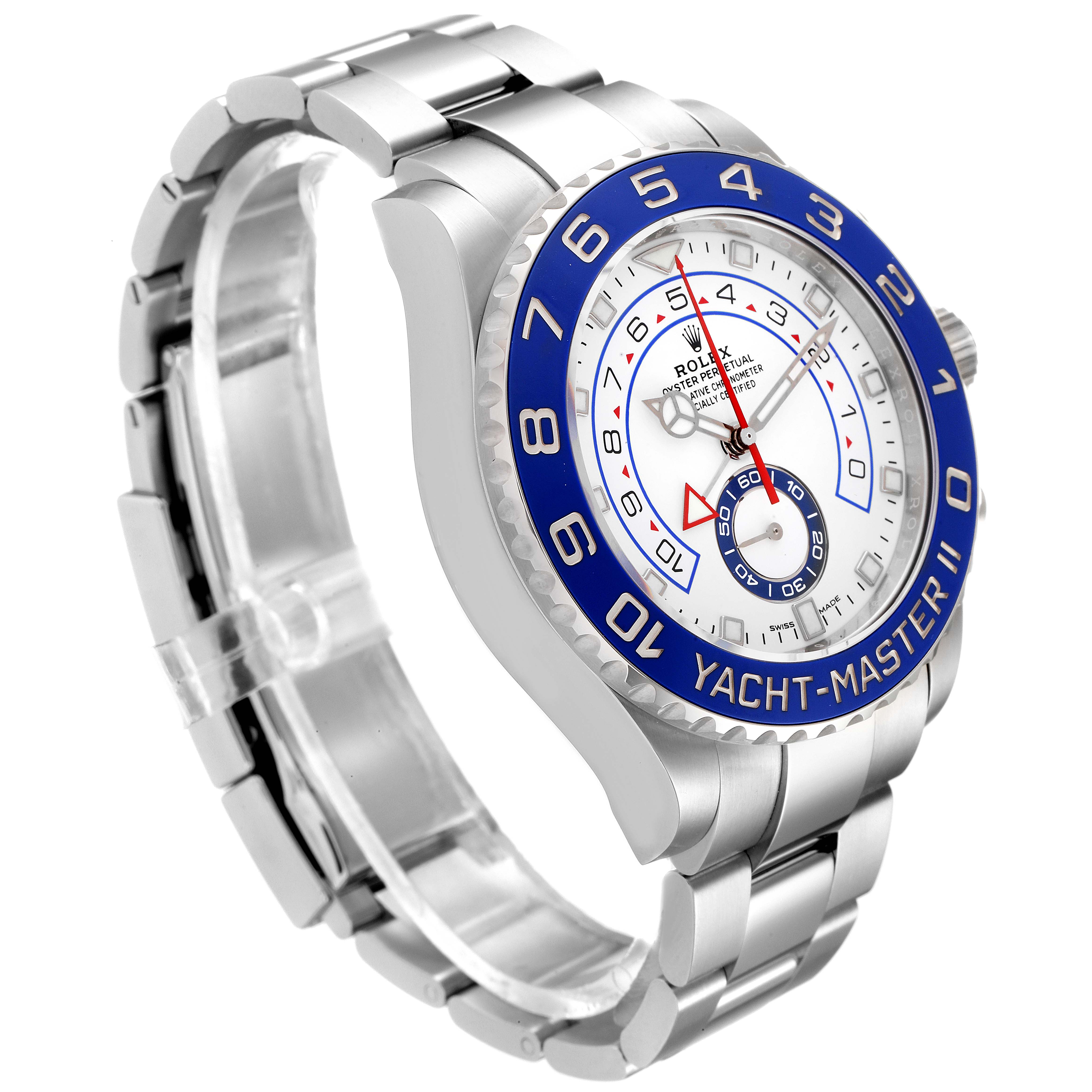 The image shows a side and partial frontal view of the Rolex Yacht-Master 116680 Men
s Stainless Steel White Dial 116680 Men
s Stainless Steel White Dial II watch, highlighting the bezel, dial, and bracelet.