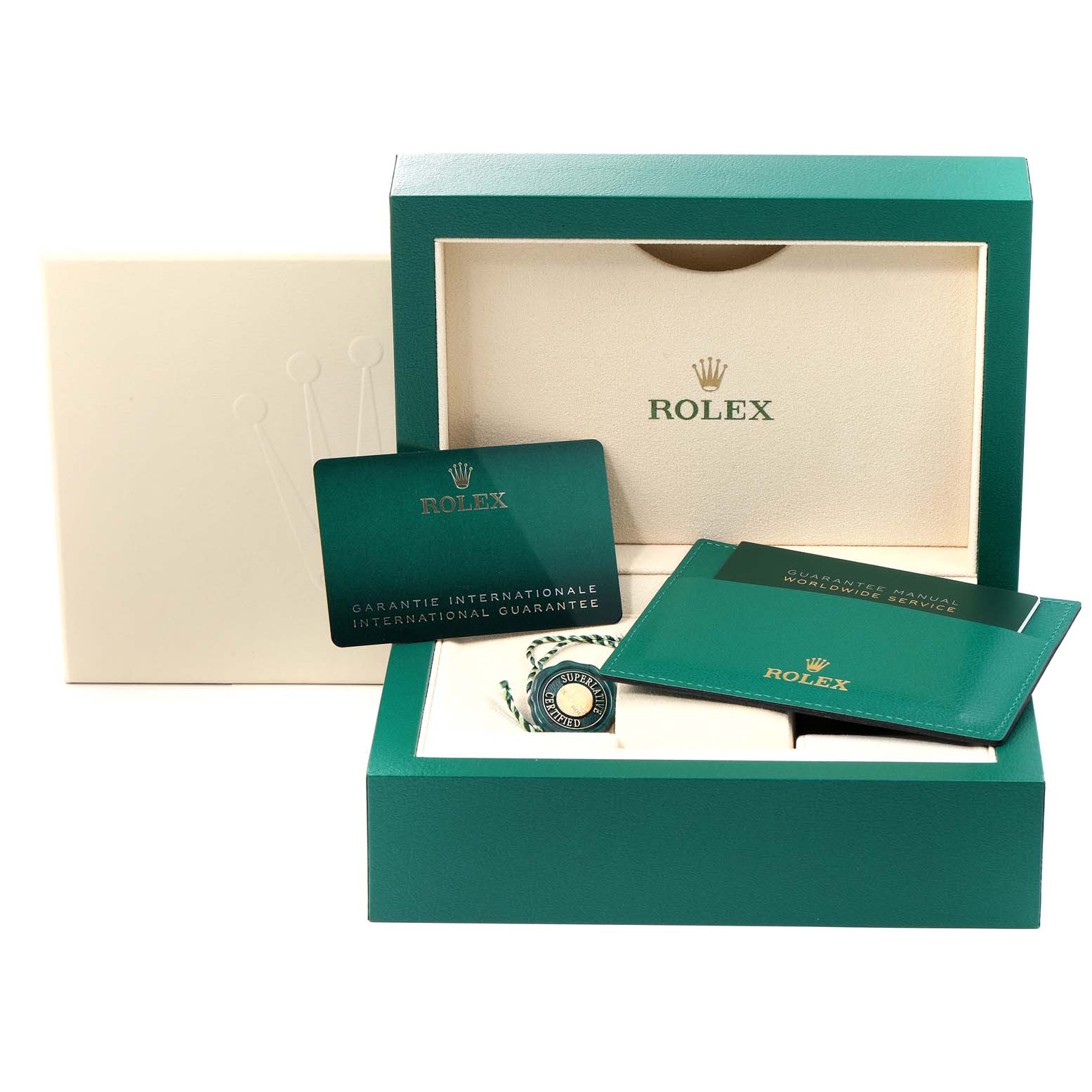 The image shows a Rolex Yacht-Master 116680 Men
s Stainless Steel White Dial 116680 Men
s Stainless Steel White Dial model watch box, with warranty cards, booklet, and a green tag; the watch itself is not present.
