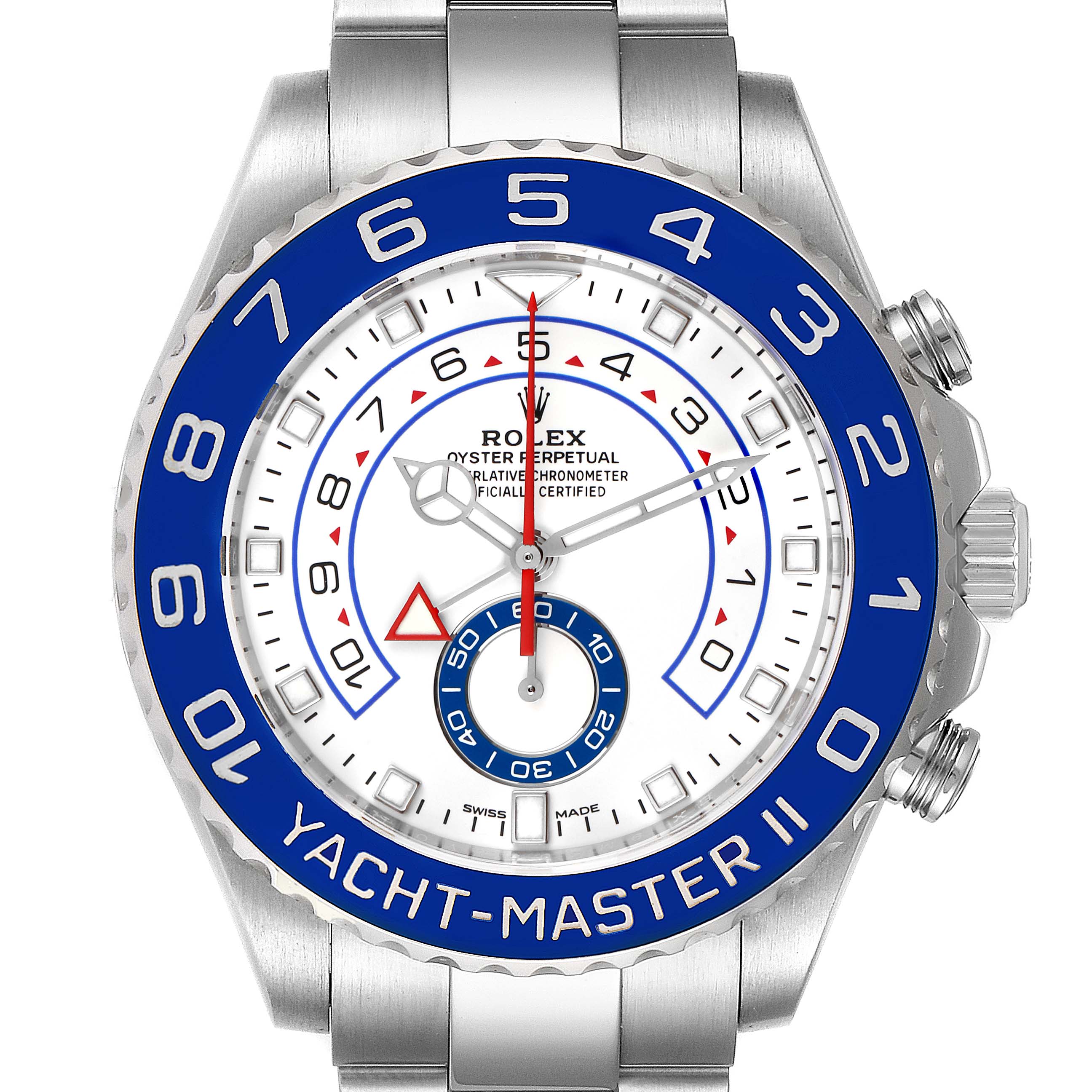 The image shows a front view of the Rolex Yacht-Master 116680 Men
s Stainless Steel White Dial 116680 Men
s Stainless Steel White Dial II watch, displaying the dial, bezel, and crown.