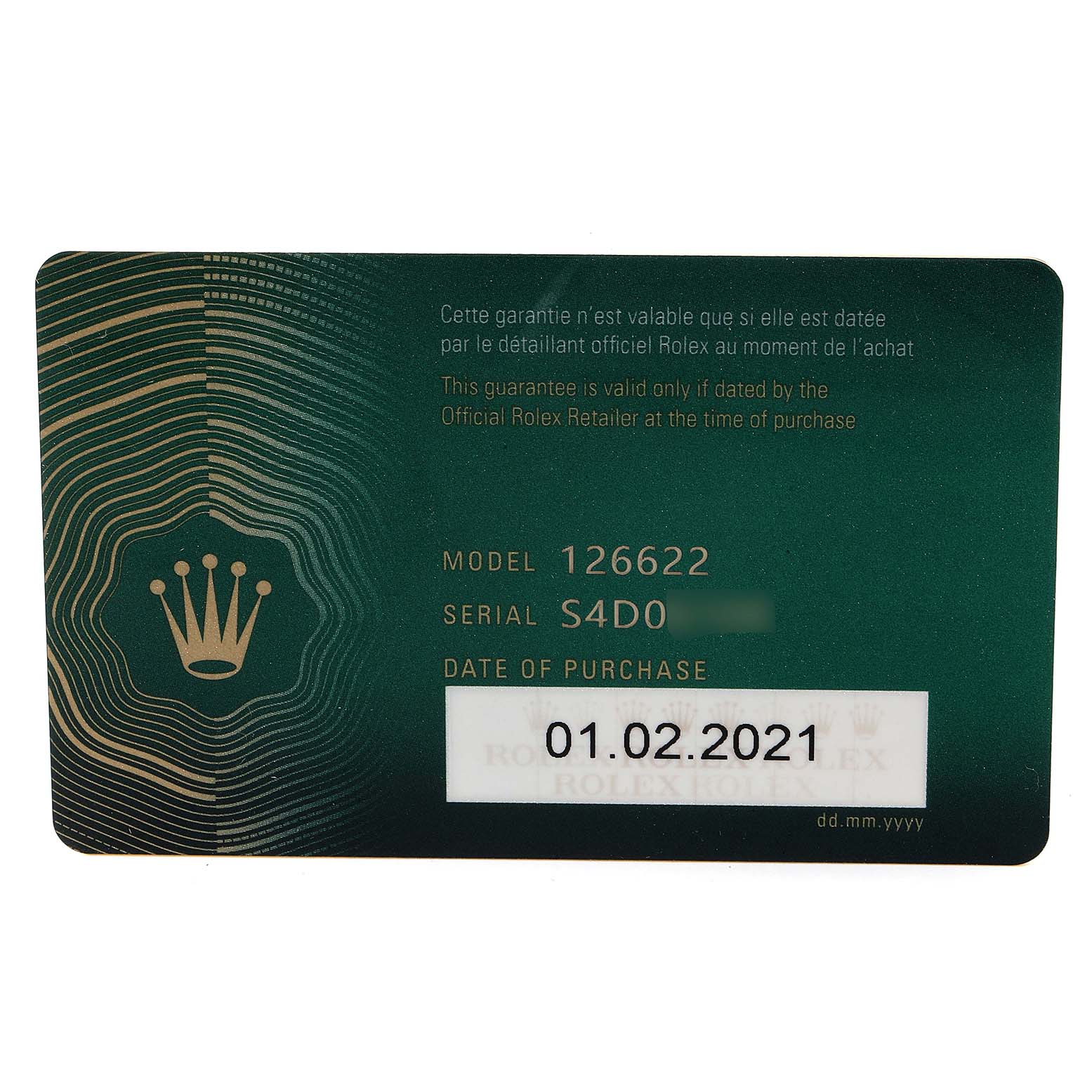 This image shows the guarantee card for a Rolex Yacht-Master 126622 Men
s Stainless Steel Blue Dial 126622 Men
s Stainless Steel Blue Dial model 126622, dated 01.02.2021.