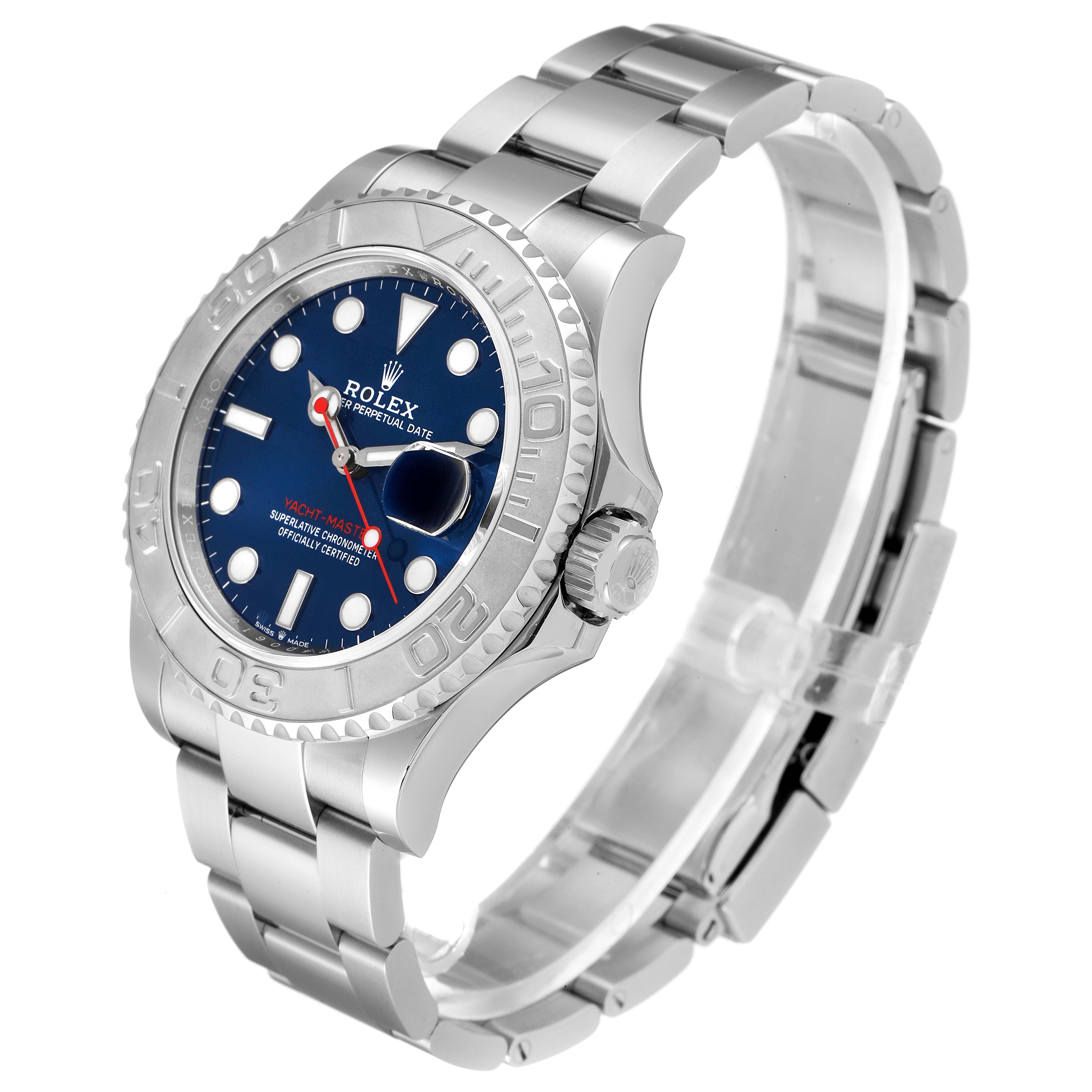 The image shows a side-angle view of the Rolex Yacht-Master 126622 Men
s Stainless Steel Blue Dial 126622 Men
s Stainless Steel Blue Dial watch, highlighting the blue dial, bezel, and stainless steel bracelet.