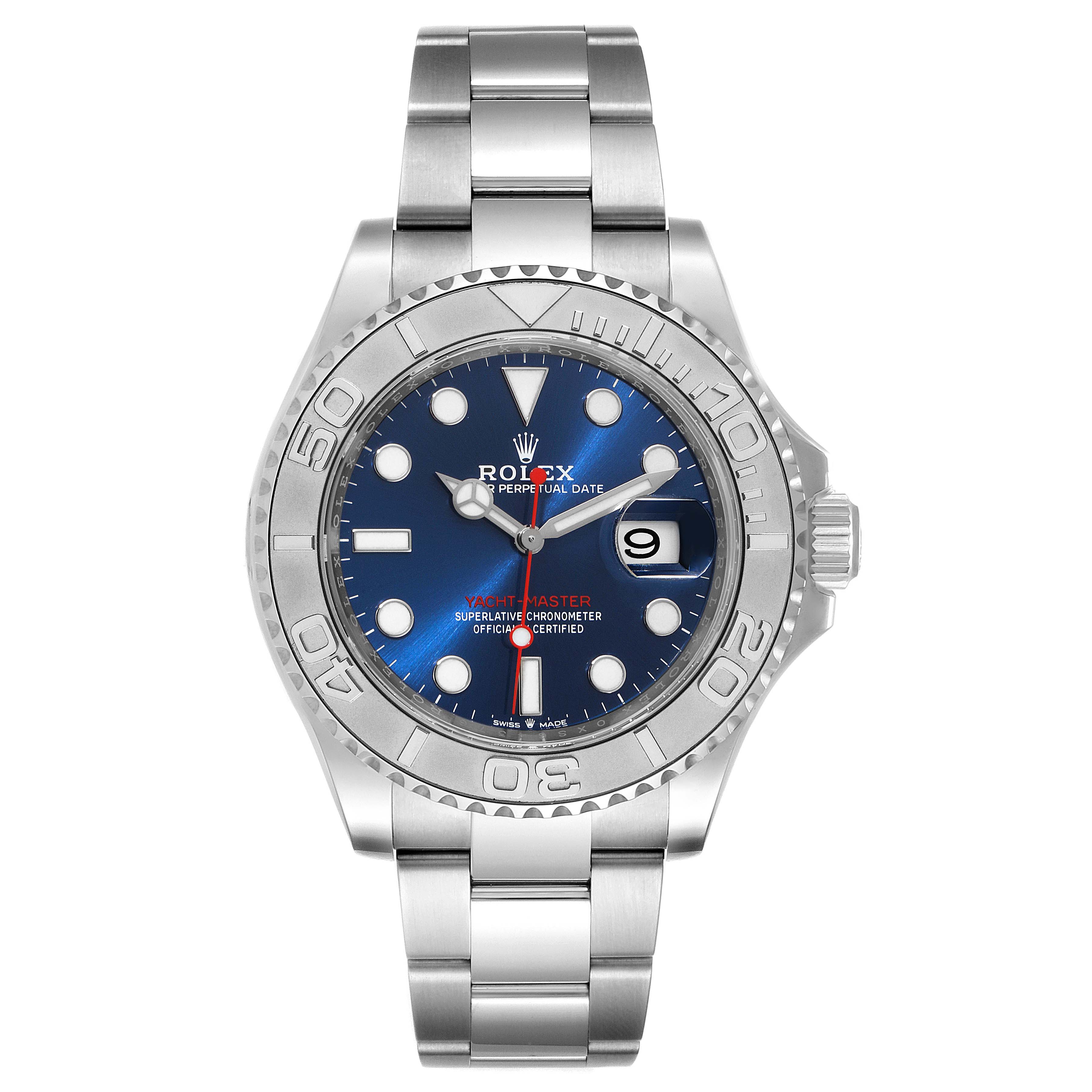 This image shows a front view of the Rolex Yacht-Master 126622 Men
s Stainless Steel Blue Dial 126622 Men
s Stainless Steel Blue Dial watch, highlighting its blue dial, silver bracelet, and bezel.