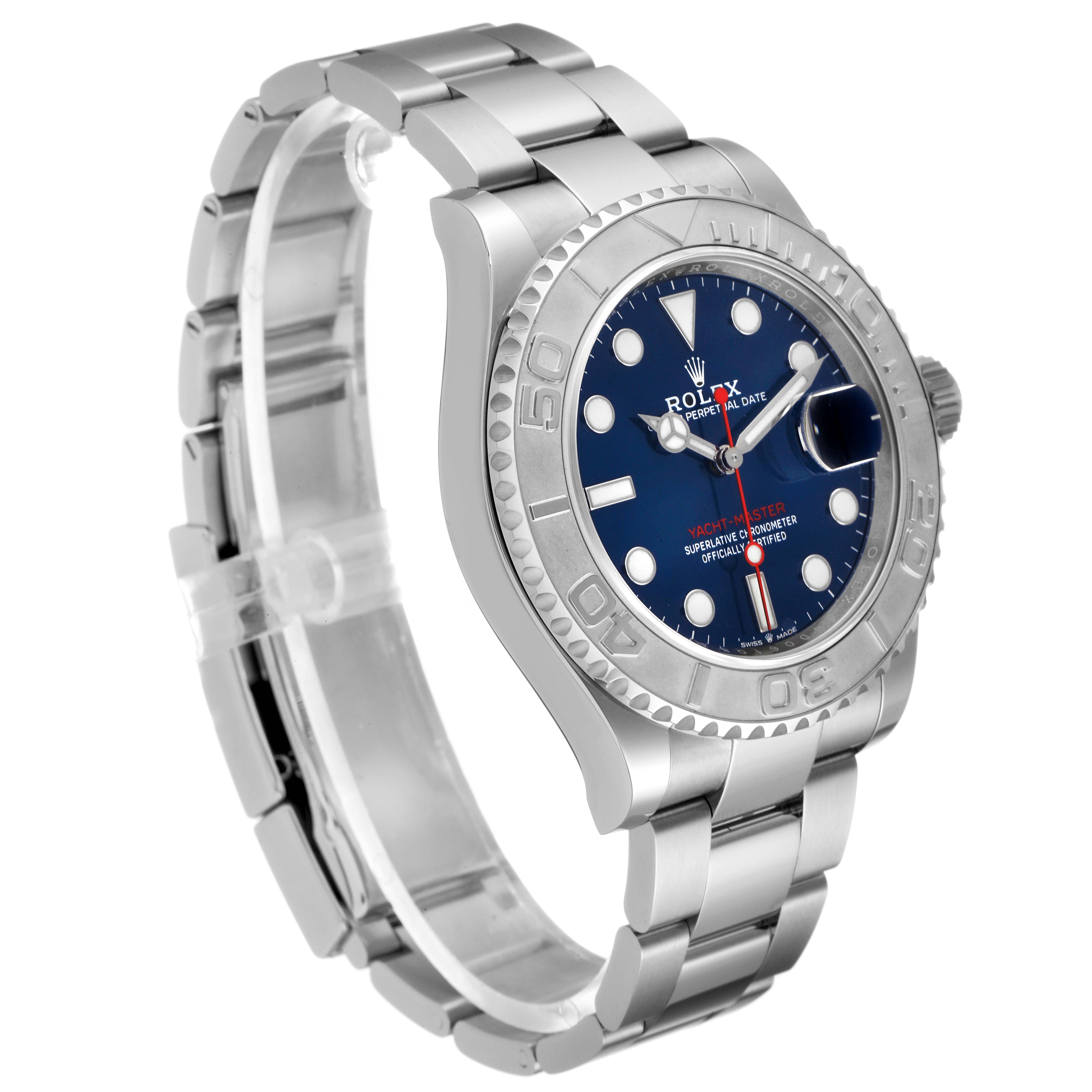 The image shows a side angle of a Rolex Yacht-Master 126622 Men
s Stainless Steel Blue Dial 126622 Men
s Stainless Steel Blue Dial watch, highlighting its bezel, bracelet, and dial.