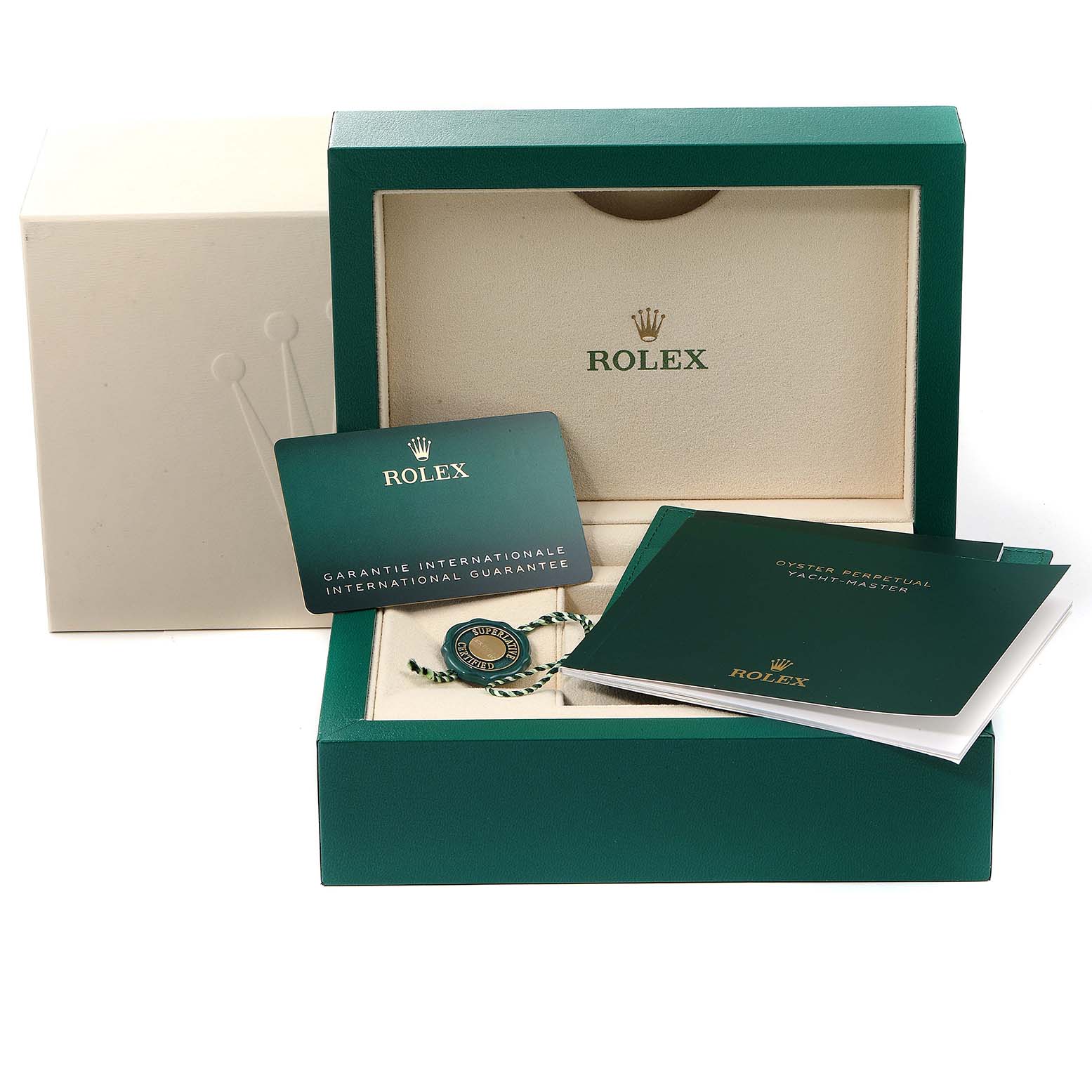 The image showcases the packaging, guarantee card, and booklets for a Rolex Yacht-Master 126622 Men
s Stainless Steel Blue Dial 126622 Men
s Stainless Steel Blue Dial watch.
