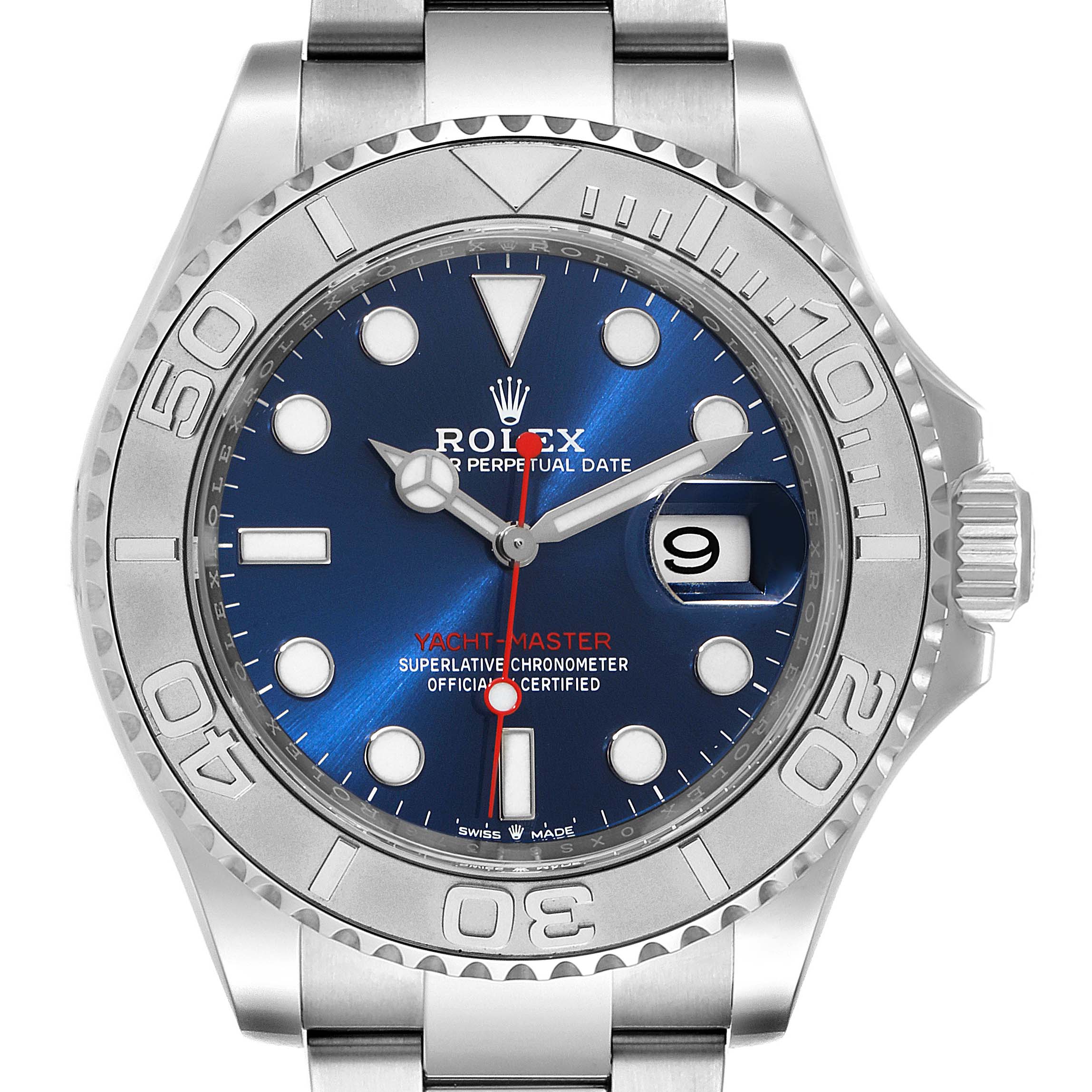 The image shows a front view of a Rolex Yacht-Master 126622 Men
s Stainless Steel Blue Dial 126622 Men
s Stainless Steel Blue Dial watch, featuring its blue dial, bezel, and crown.