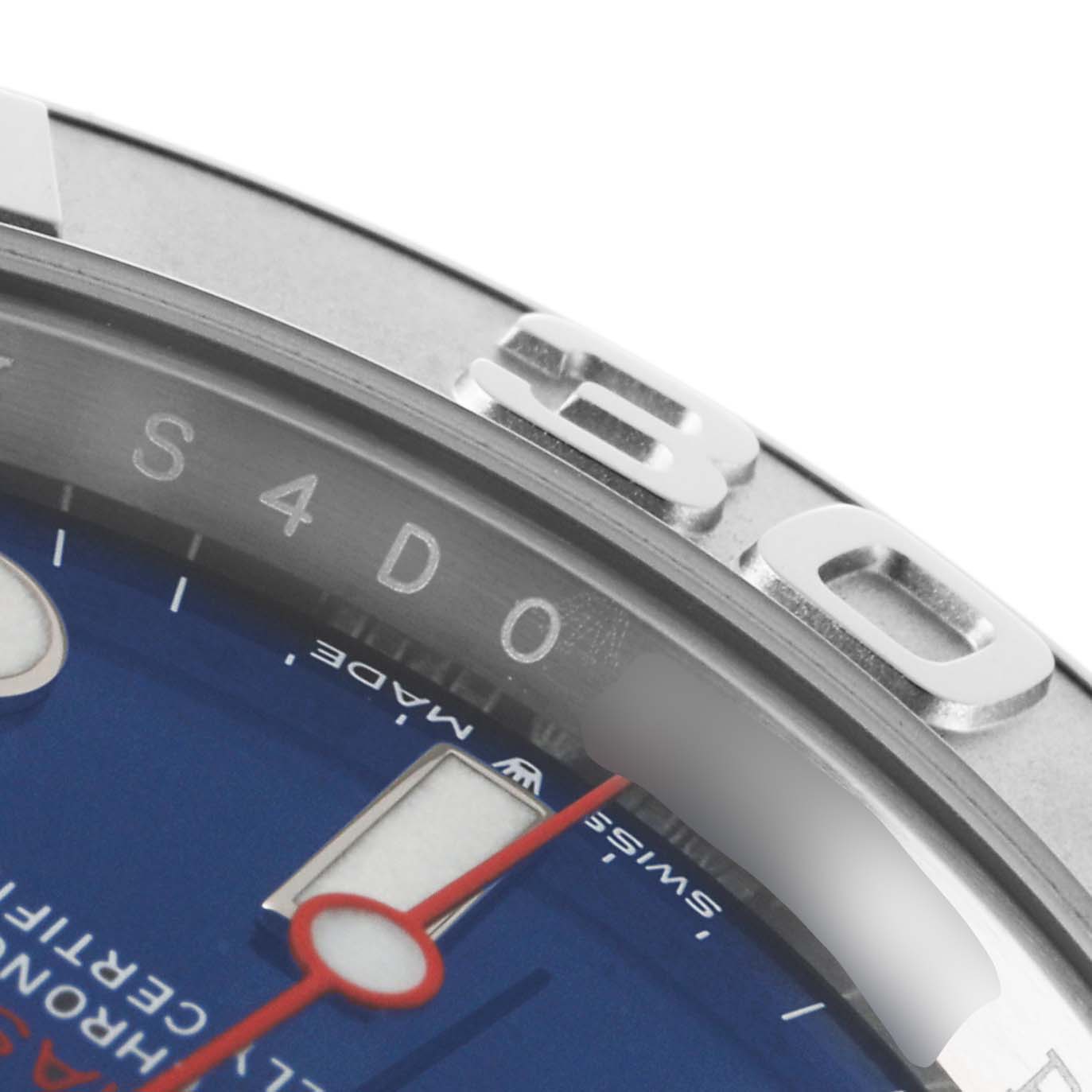 The image shows a close-up of the Rolex Yacht-Master 126622 Men
s Stainless Steel Blue Dial 126622 Men
s Stainless Steel Blue Dial watch, focusing on the bezel, part of the dial, and the minute hand.