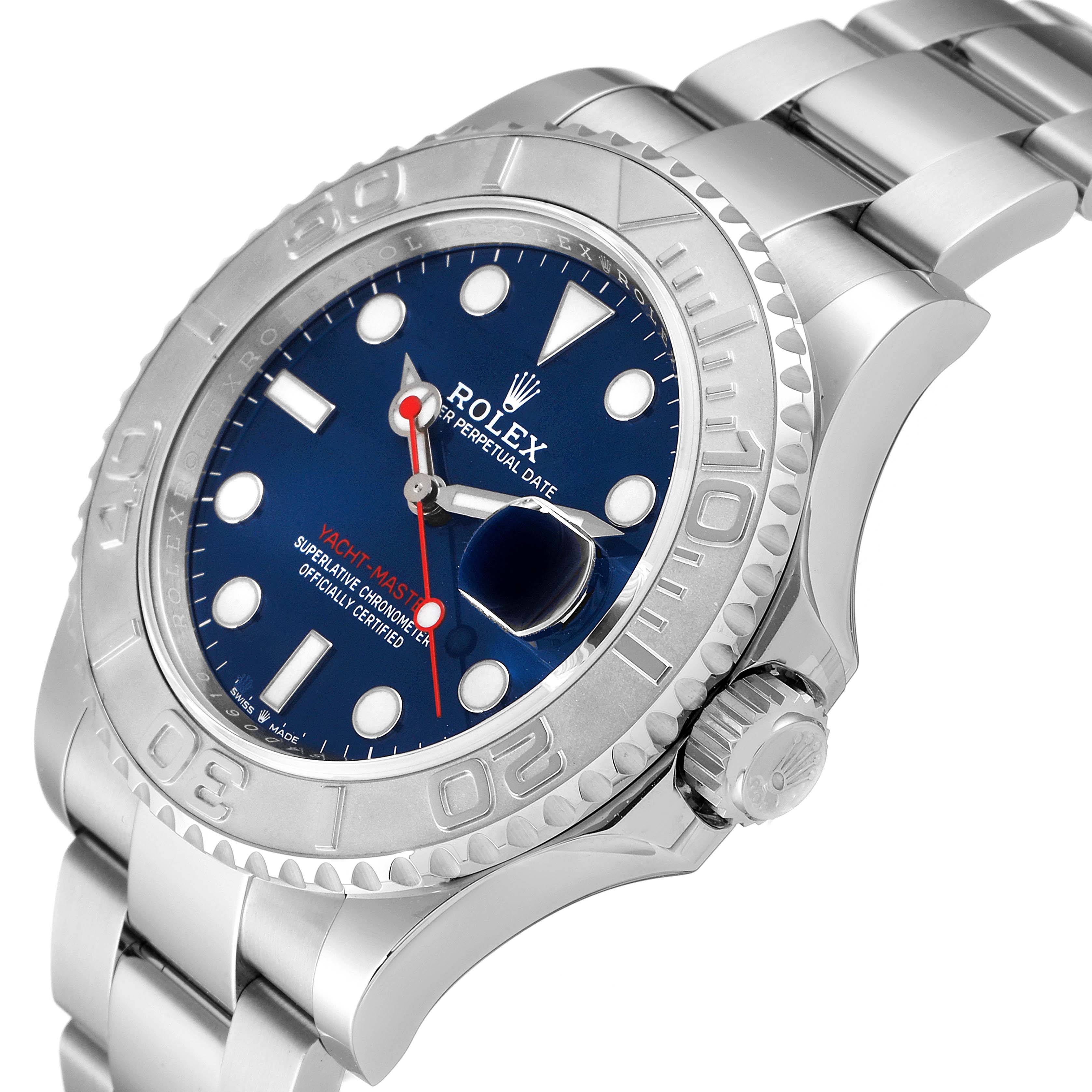 The image shows a Rolex Yacht-Master 126622 Men
s Stainless Steel Blue Dial 126622 Men
s Stainless Steel Blue Dial watch from an angled side view, highlighting the dial, bezel, and part of the stainless steel bracelet.