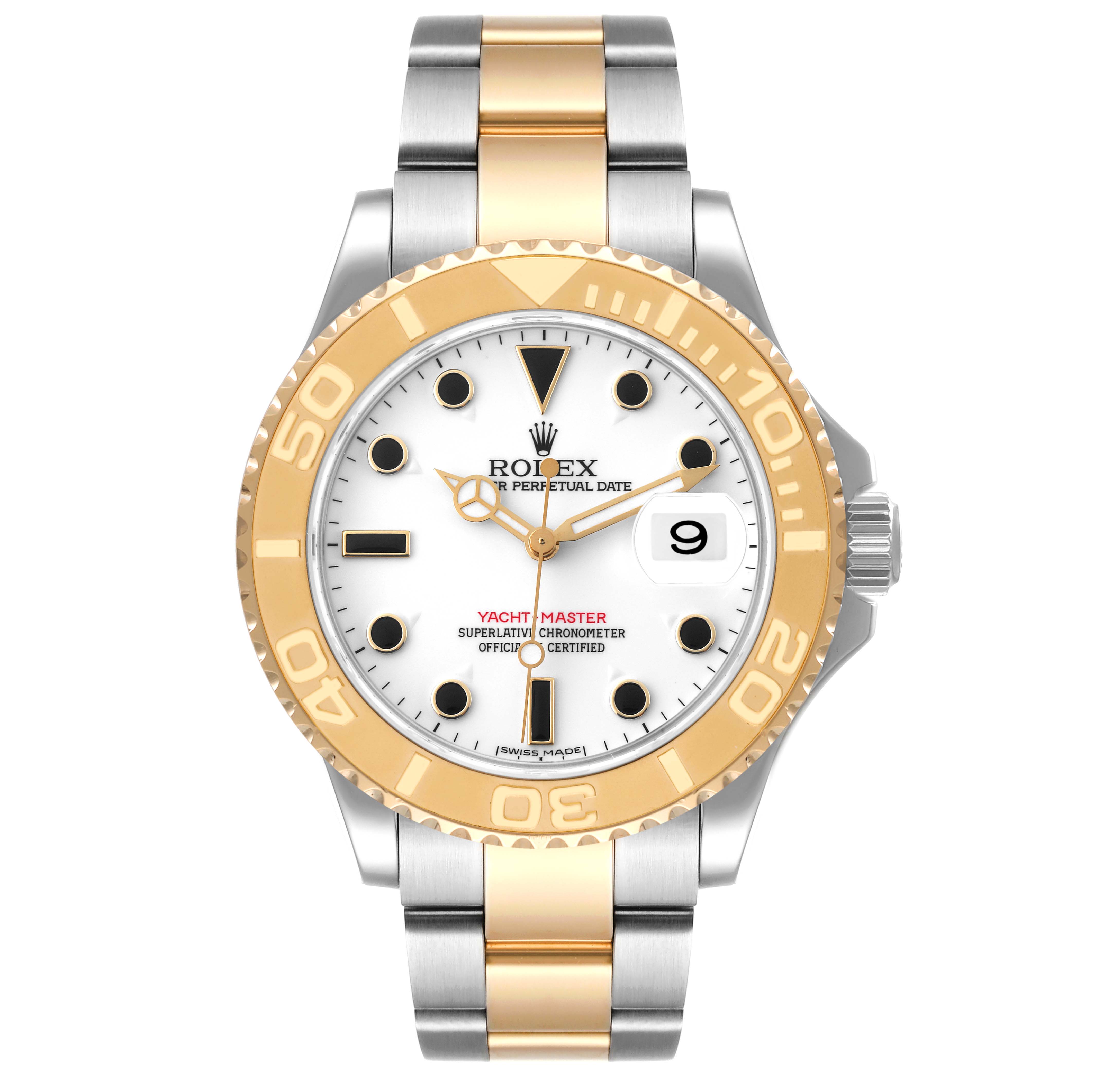 The image shows a front view of a Rolex Yacht-Master 16623 Men
s Steel and Gold (two tone) White Dial 16623 Men
s Steel and Gold (two tone) White Dial watch, highlighting the dial, bezel, crown, and bracelet.