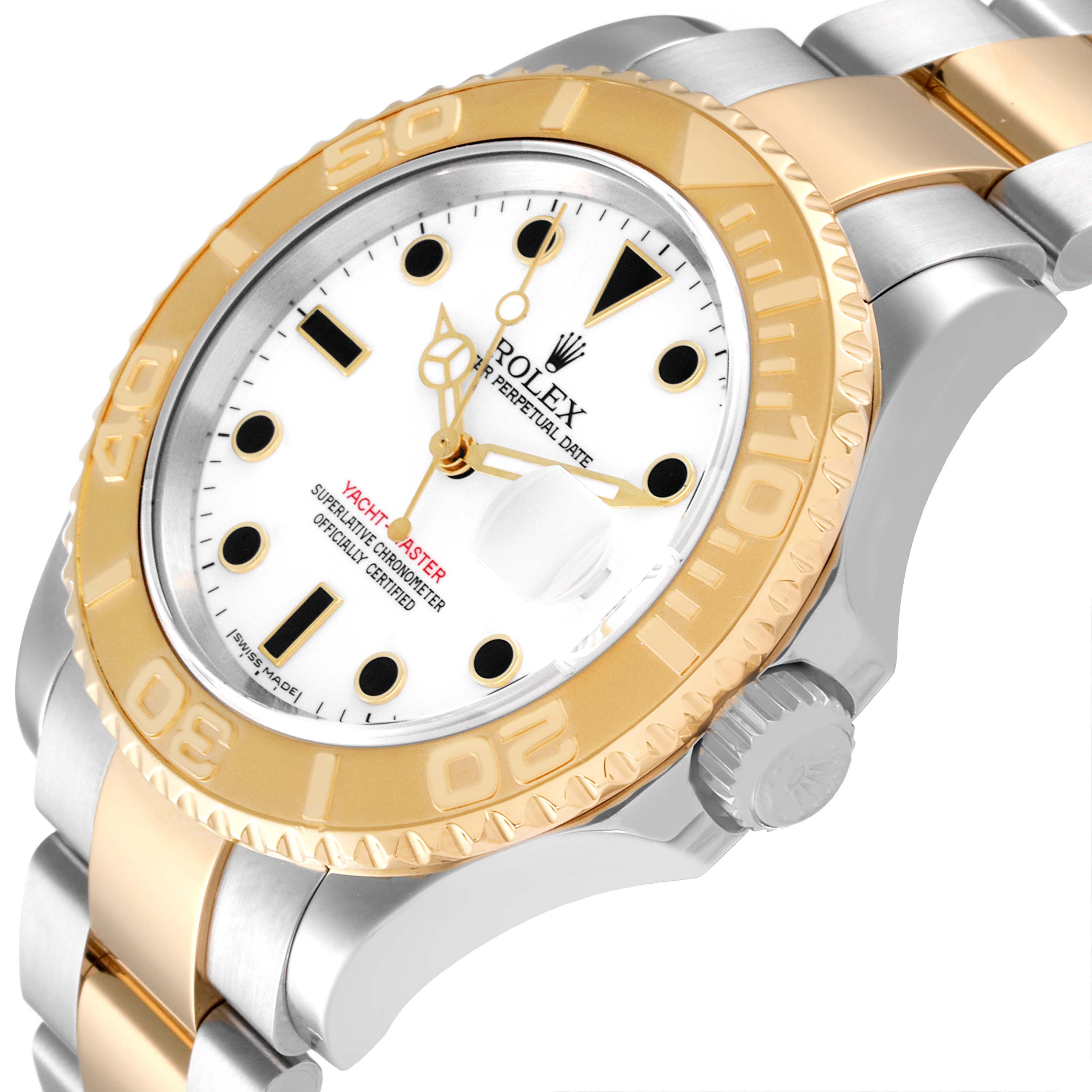 The image shows a Rolex Yacht-Master 16623 Men
s Steel and Gold (two tone) White Dial 16623 Men
s Steel and Gold (two tone) White Dial watch from a three-quarter angle, highlighting the dial, bezel, and part of the bracelet.