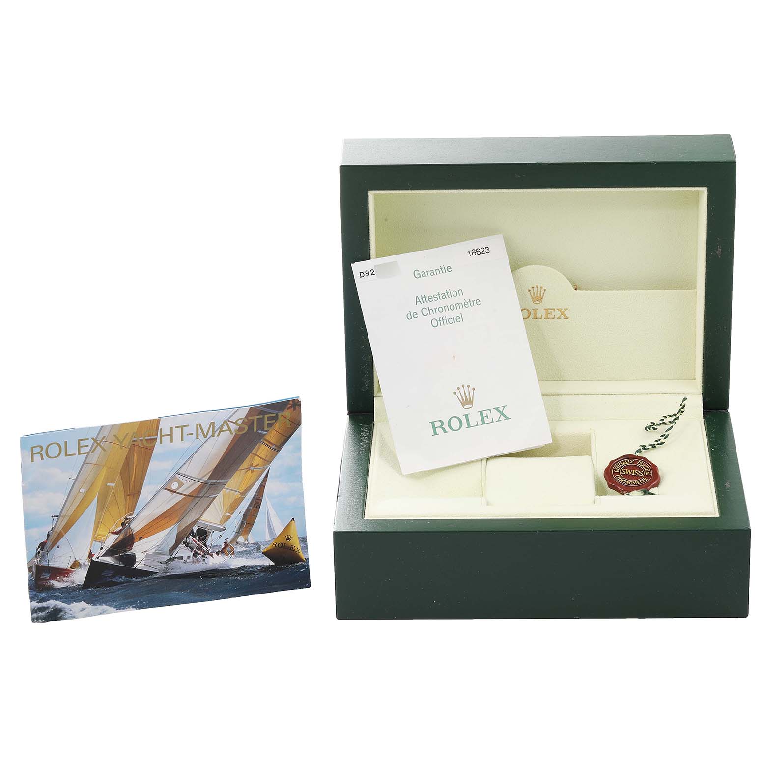 The image shows a Rolex Yacht-Master 16623 Men
s Steel and Gold (two tone) White Dial 16623 Men
s Steel and Gold (two tone) White Dial watch box, guarantee card, booklet, and a Swiss chronometer certification tag.