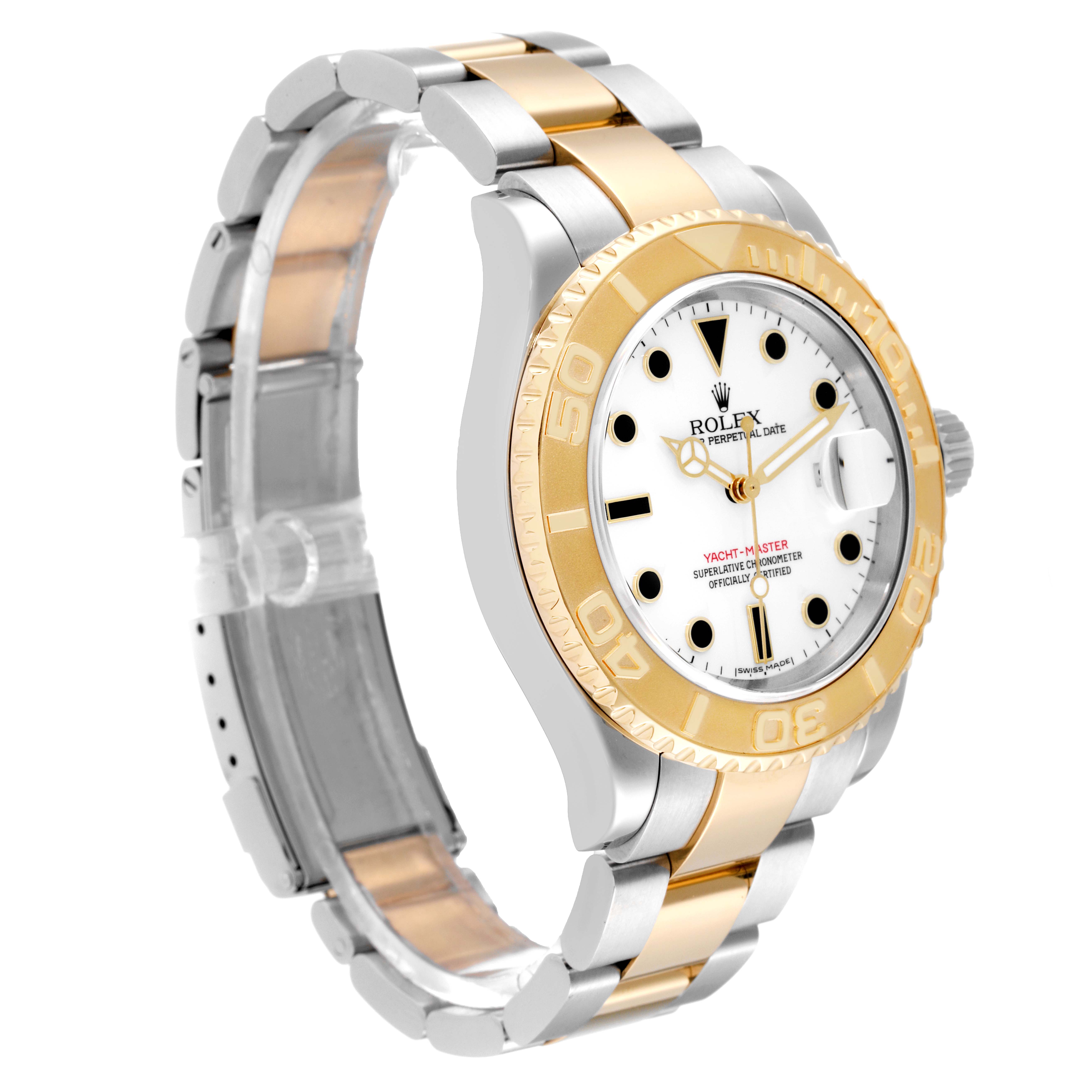 The image shows the Rolex Yacht-Master 16623 Men
s Steel and Gold (two tone) White Dial 16623 Men
s Steel and Gold (two tone) White Dial watch at an angle highlighting its face, bezel, and bracelet.