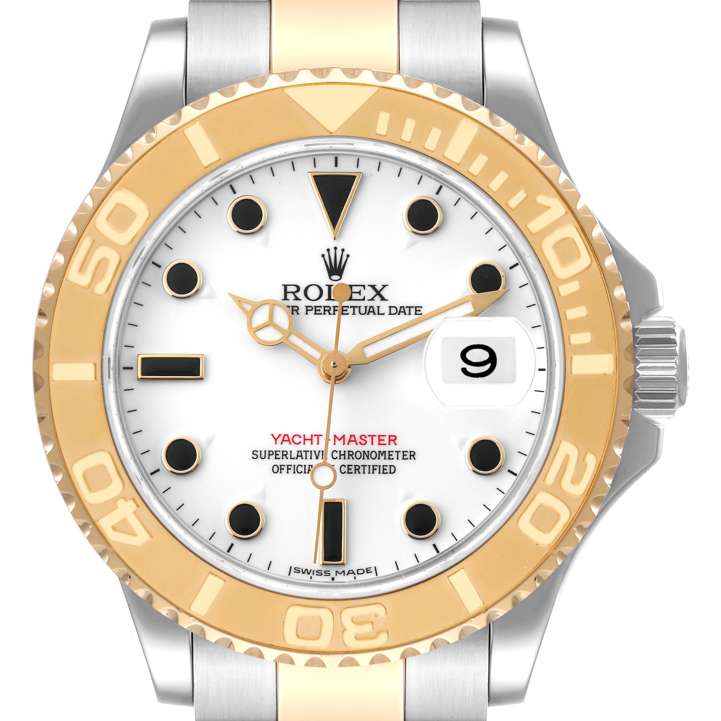 This Rolex Yacht-Master 16623 Men
s Steel and Gold (two tone) White Dial 16623 Men
s Steel and Gold (two tone) White Dial watch is shown from the front, displaying the dial, bezel, hands, and part of the band.