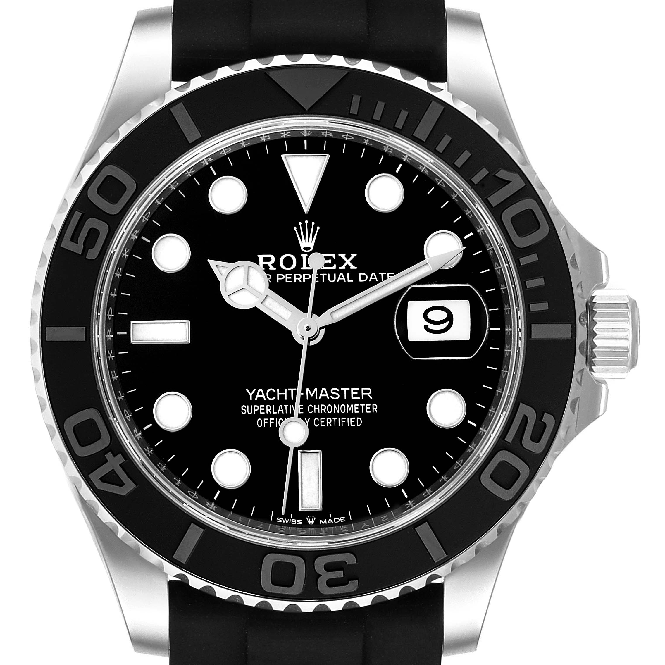 The image shows the face and bezel of the Rolex Yacht-Master 226659 Men
s White Gold Black Dial 226659 Men
s White Gold Black Dial watch at a straight-on angle.