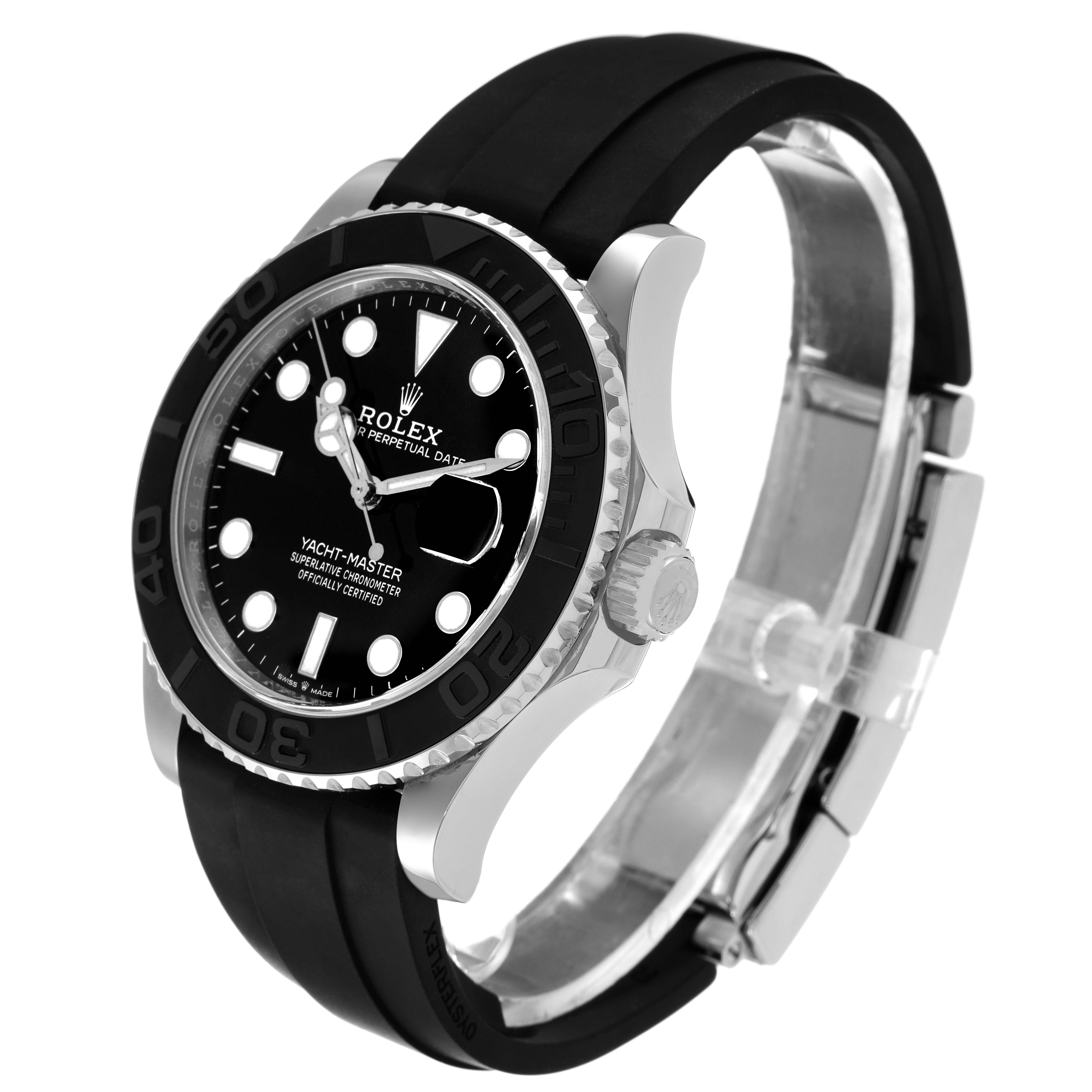 This is an angled side view of the Rolex Yacht-Master 226659 Men
s White Gold Black Dial 226659 Men
s White Gold Black Dial watch, showcasing its black dial, bezel, crown, and rubber strap.