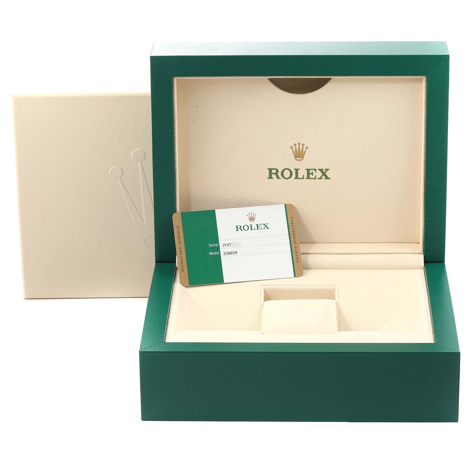 The image features a Rolex Yacht-Master 226659 Men
s White Gold Black Dial 226659 Men
s White Gold Black Dial watch box with an Best Quality
ity card inside it.