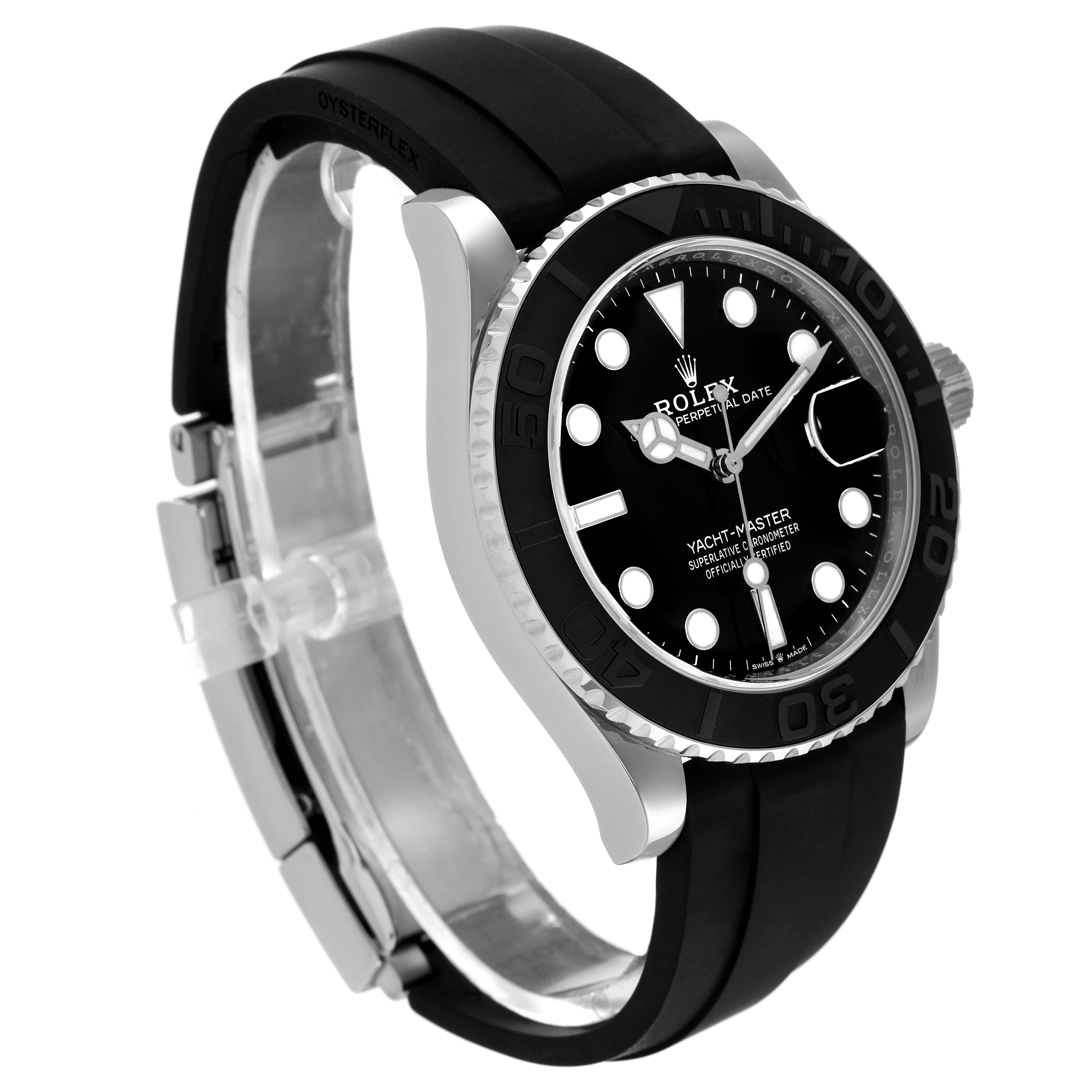 This Rolex Yacht-Master 226659 Men
s White Gold Black Dial 226659 Men
s White Gold Black Dial watch is shown at a slight angle, highlighting the bezel, dial, and rubber strap.