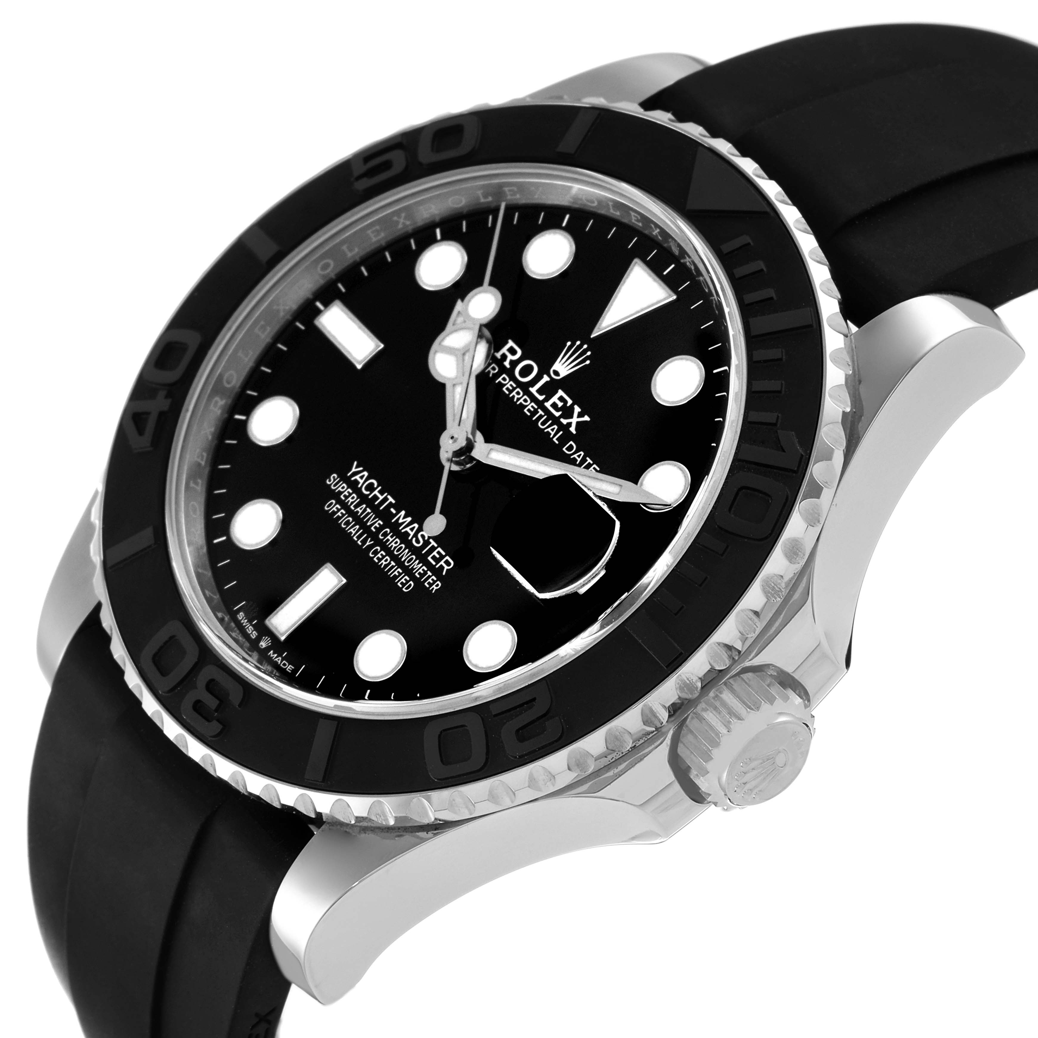 This image shows a side and slightly angled front view of the Rolex Yacht-Master 226659 Men
s White Gold Black Dial 226659 Men
s White Gold Black Dial watch, highlighting the dial, bezel, and crown.