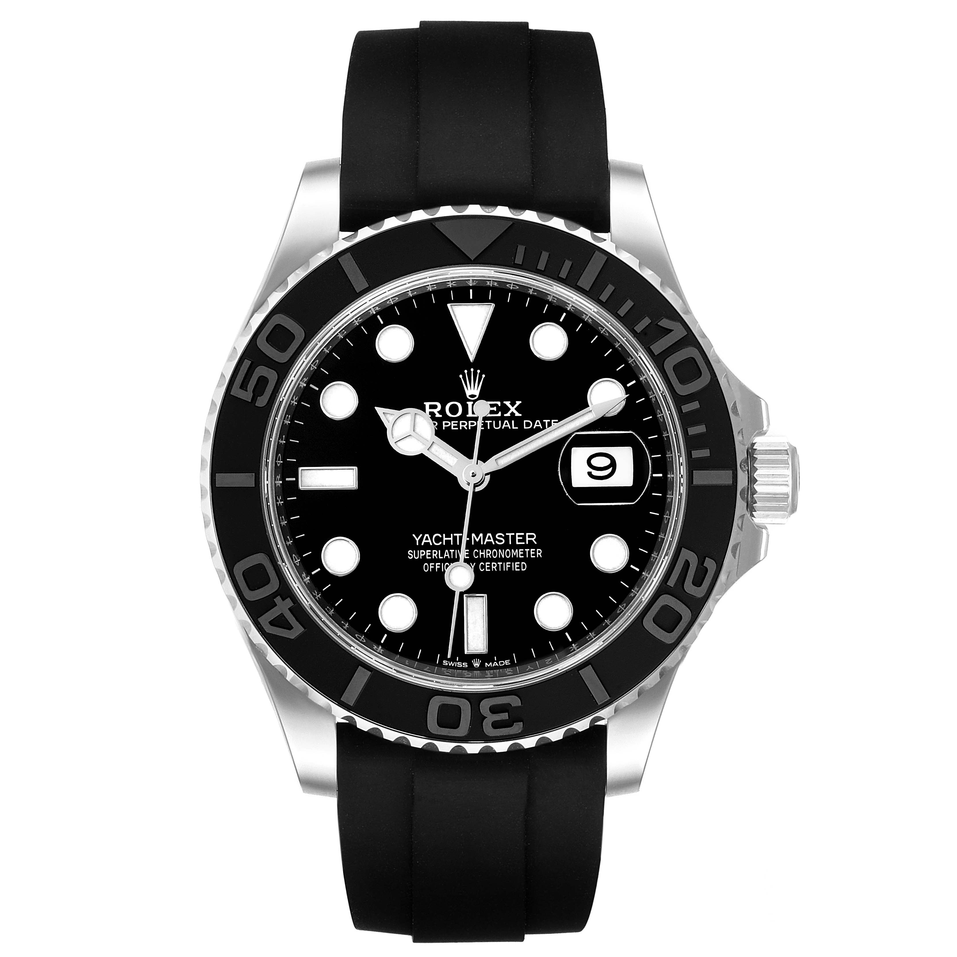 The image shows the front view of a Rolex Yacht-Master 226659 Men
s White Gold Black Dial 226659 Men
s White Gold Black Dial watch, focusing on its black dial, bezel, and date display with a black strap.