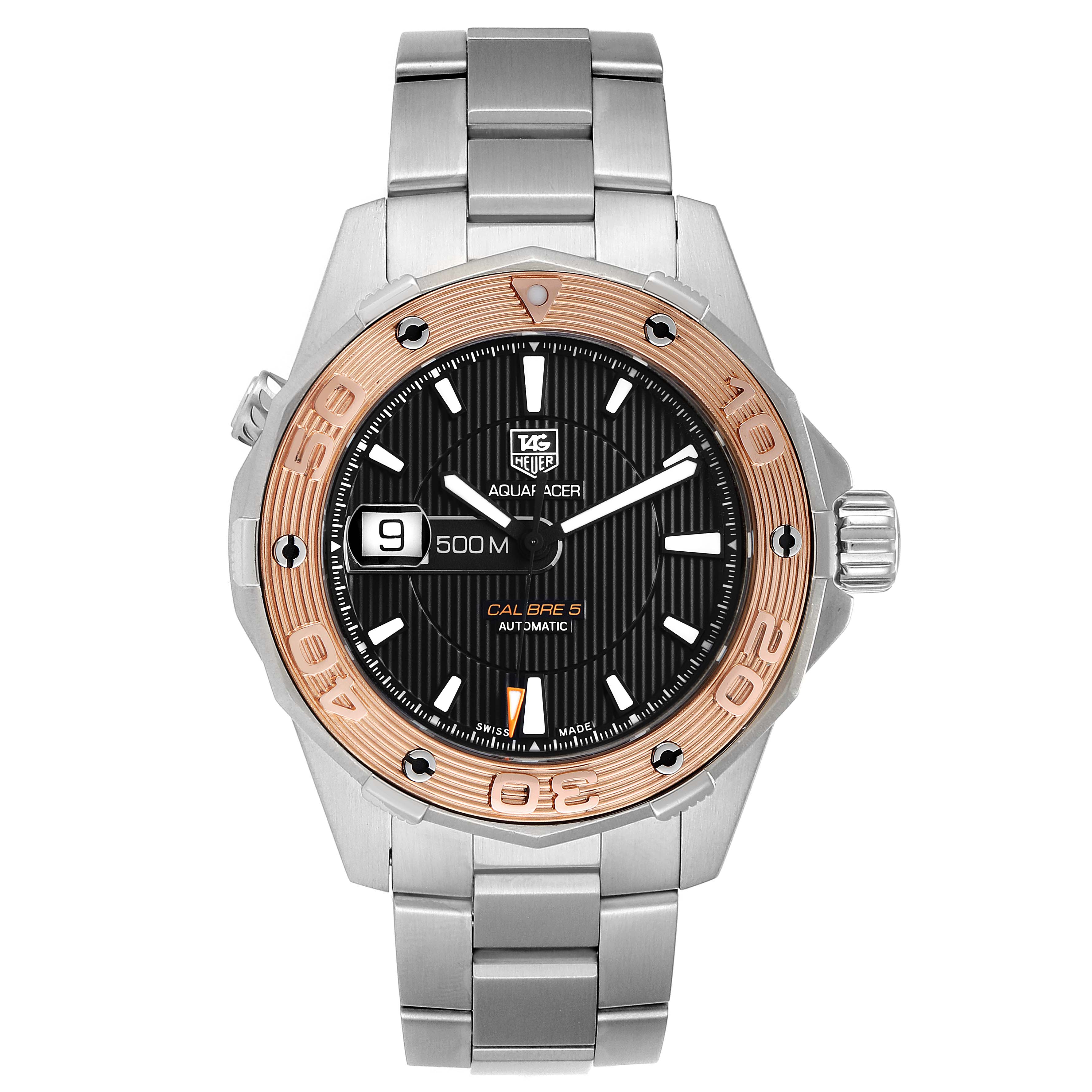 The image shows a front view of the Tag Heuer Aquaracer WAJ2150.BA0870 Men
s Stainless Steel Black Dial WAJ2150.BA0870 Men
s Stainless Steel Black Dial watch, displaying its face, bezel, date window, and metal bracelet.