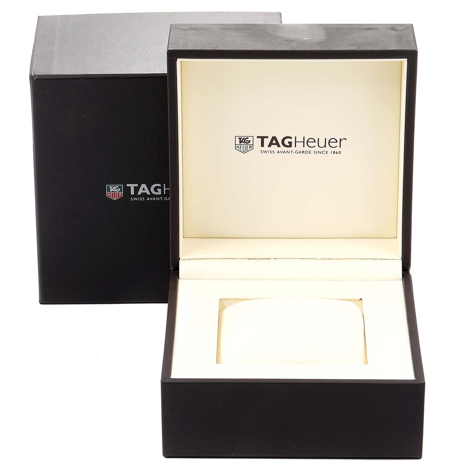 The image shows the open packaging box of a Tag Heuer Aquaracer WAJ2150.BA0870 Men
s Stainless Steel Black Dial WAJ2150.BA0870 Men
s Stainless Steel Black Dial watch, revealing the inner cushion and branding.