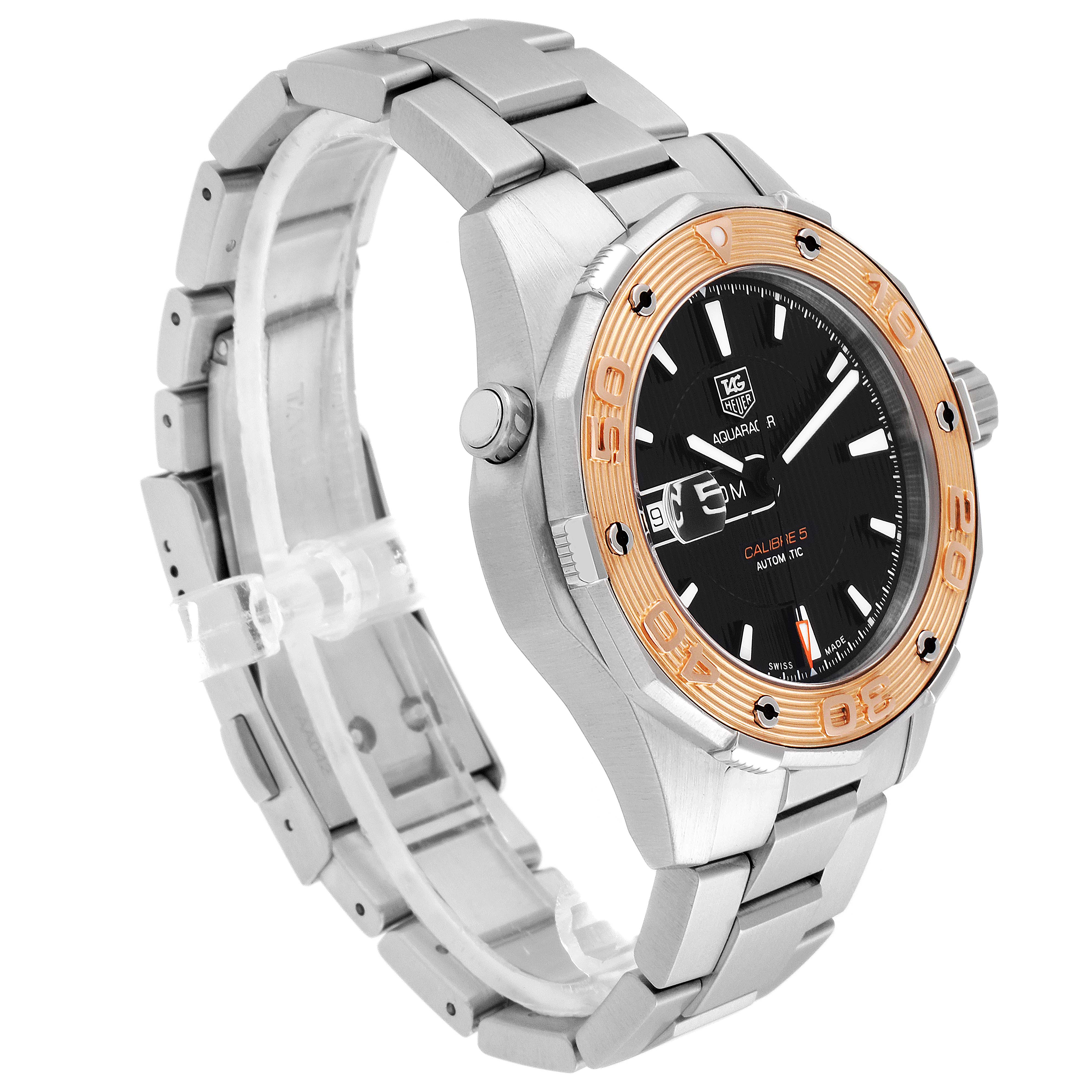 The Tag Heuer Aquaracer WAJ2150.BA0870 Men
s Stainless Steel Black Dial WAJ2150.BA0870 Men
s Stainless Steel Black Dial watch is shown at a three-quarter angle highlighting its face, bezel, and metal bracelet.