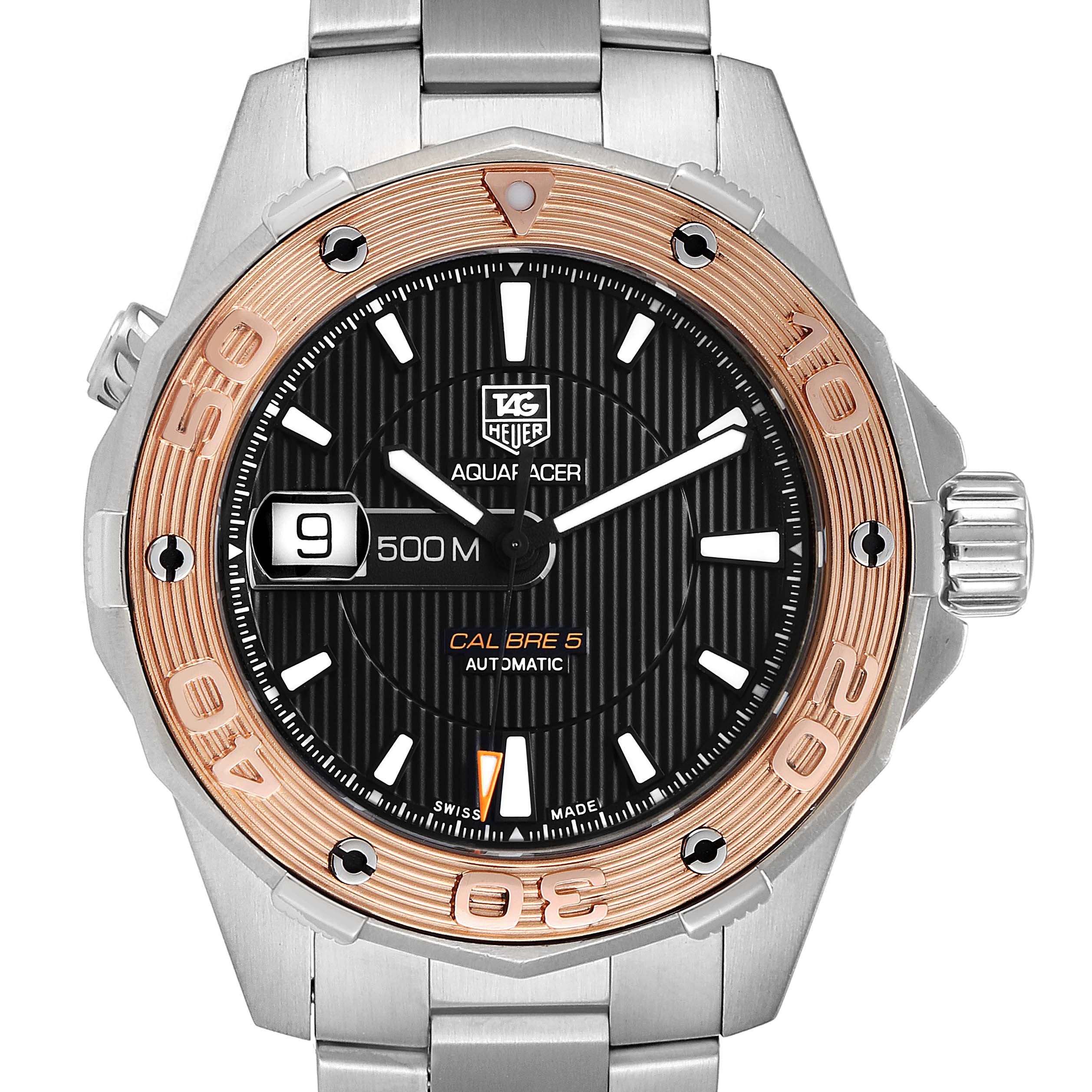 The image shows a front view of a Tag Heuer Aquaracer WAJ2150.BA0870 Men
s Stainless Steel Black Dial WAJ2150.BA0870 Men
s Stainless Steel Black Dial watch, highlighting the dial, bezel, and part of the bracelet.