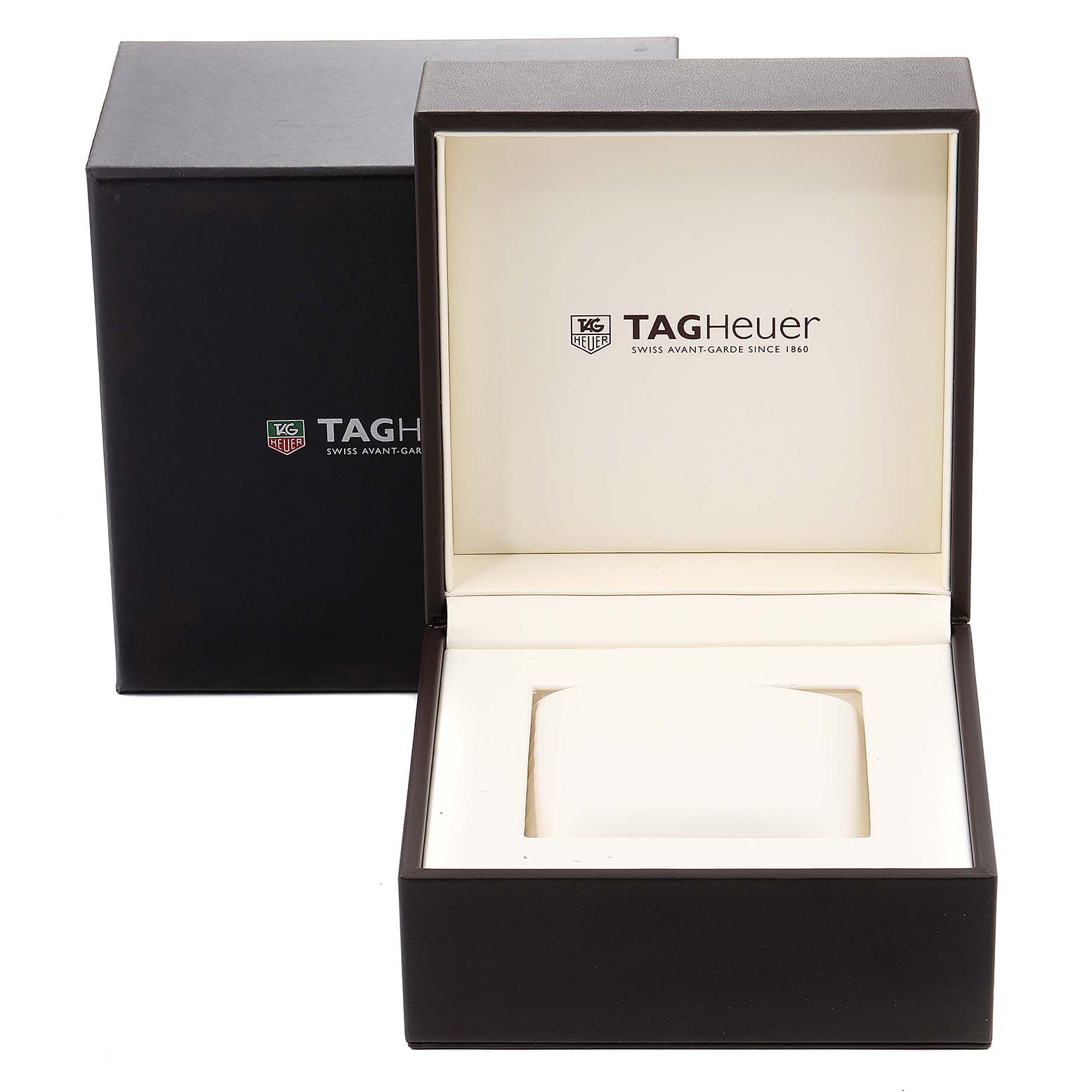 The image shows an empty Tag Heuer Aquaracer CAY211A.BA0927 Men's Stainless Steel Black Dial CAY211A.BA0927 Men's Stainless Steel Black Dial watch box and outer packaging from a frontal view.