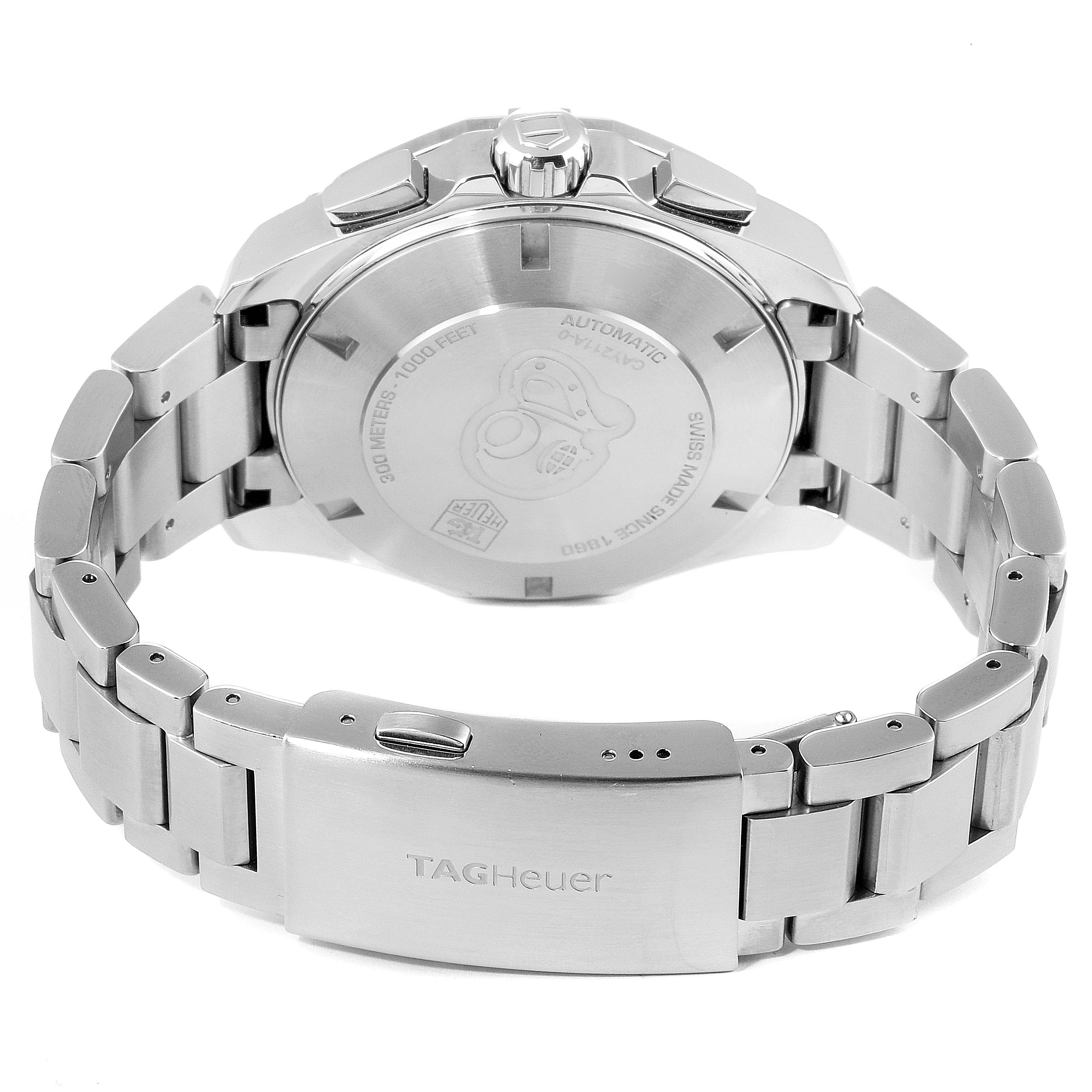 This image shows the back and clasp of the Tag Heuer Aquaracer CAY211A.BA0927 Men's Stainless Steel Black Dial CAY211A.BA0927 Men's Stainless Steel Black Dial watch, highlighting the case back and bracelet.