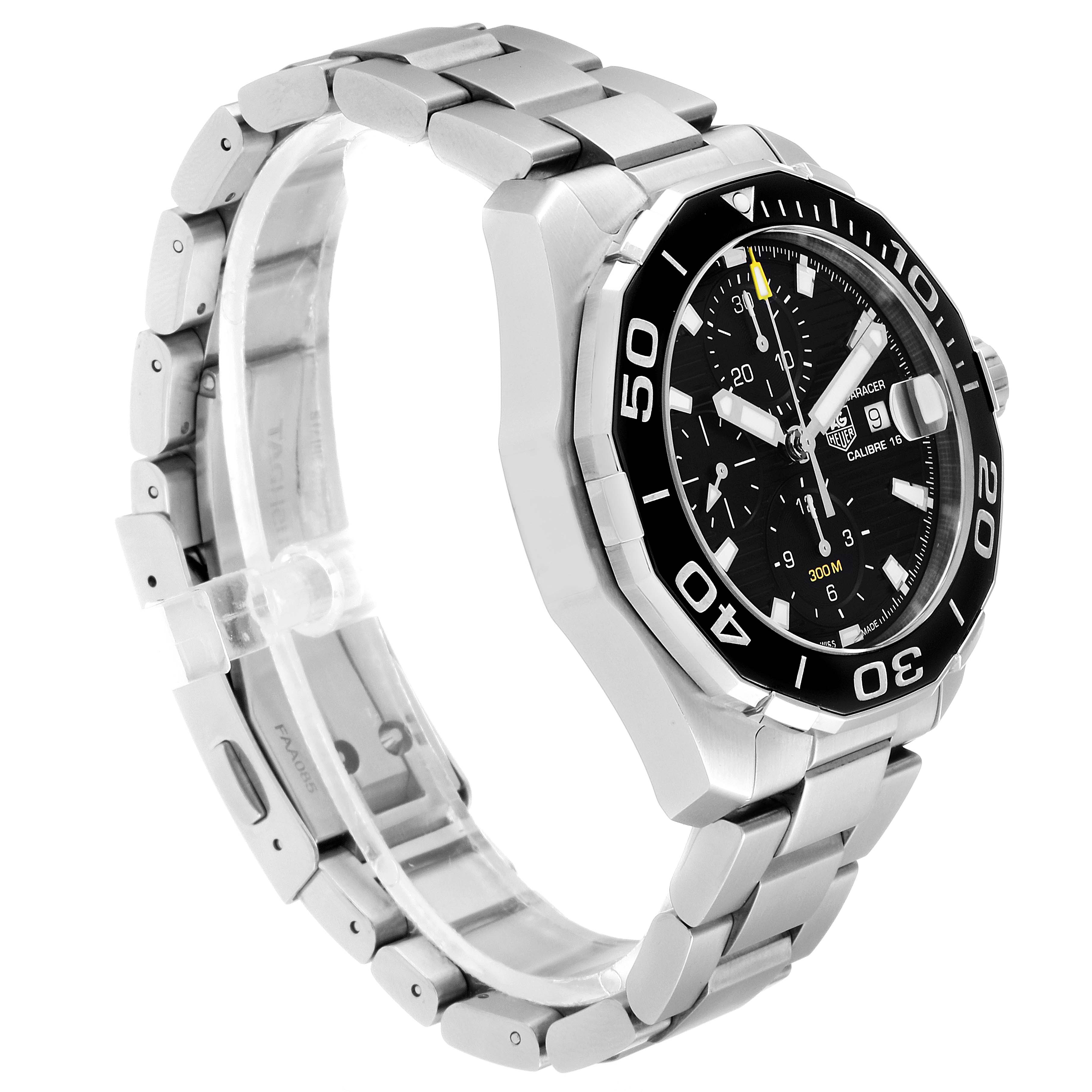 The image shows the Tag Heuer Aquaracer CAY211A.BA0927 Men's Stainless Steel Black Dial CAY211A.BA0927 Men's Stainless Steel Black Dial watch from a side angle, highlighting its stainless steel bracelet and black bezel.