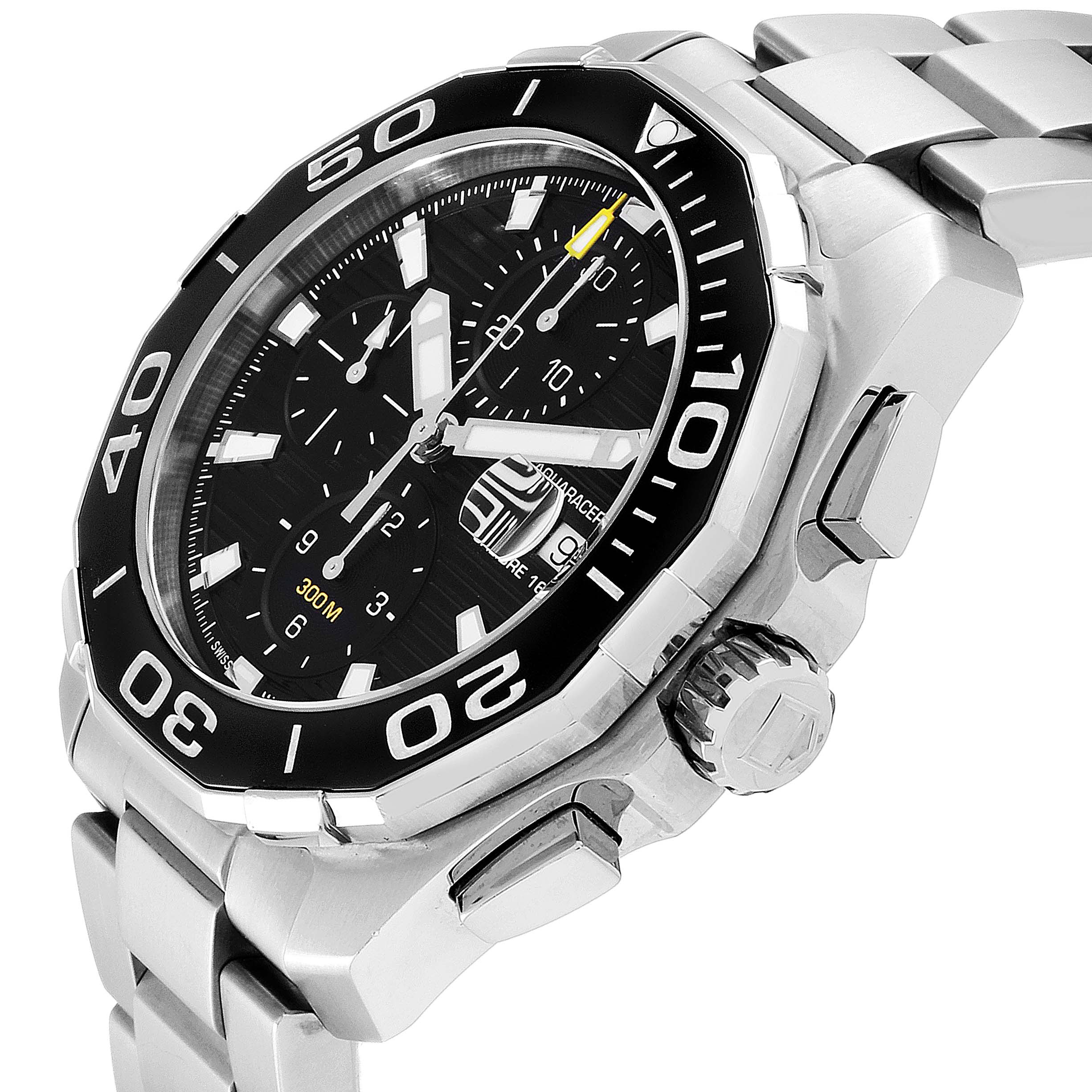 This image shows a Tag Heuer Aquaracer CAY211A.BA0927 Men's Stainless Steel Black Dial CAY211A.BA0927 Men's Stainless Steel Black Dial watch at a three-quarter angle, highlighting its bezel, crown, and bracelet.