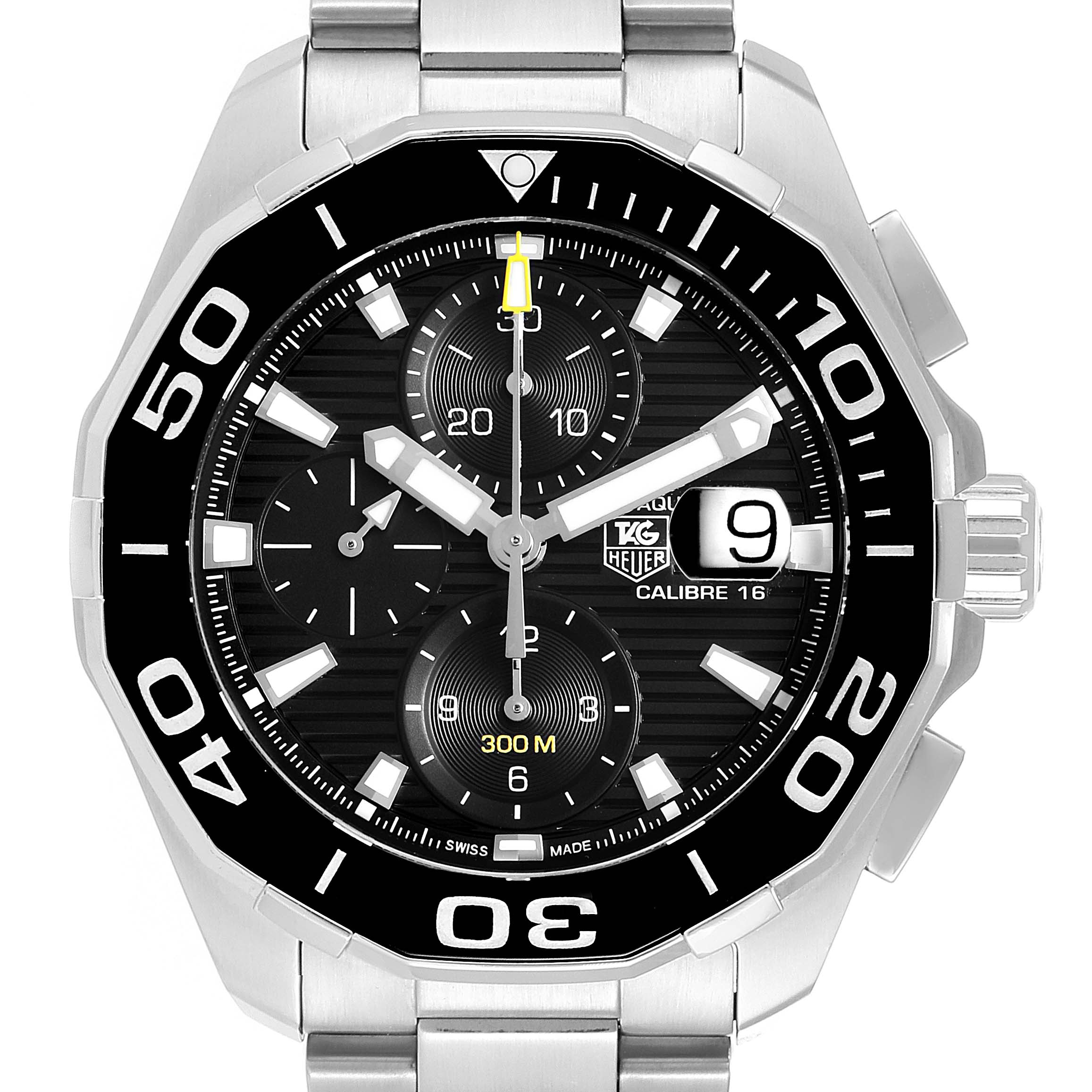 The image shows a frontal view of a Tag Heuer Aquaracer CAY211A.BA0927 Men's Stainless Steel Black Dial CAY211A.BA0927 Men's Stainless Steel Black Dial watch, revealing the dial, bezel, crown, and part of the metal bracelet.