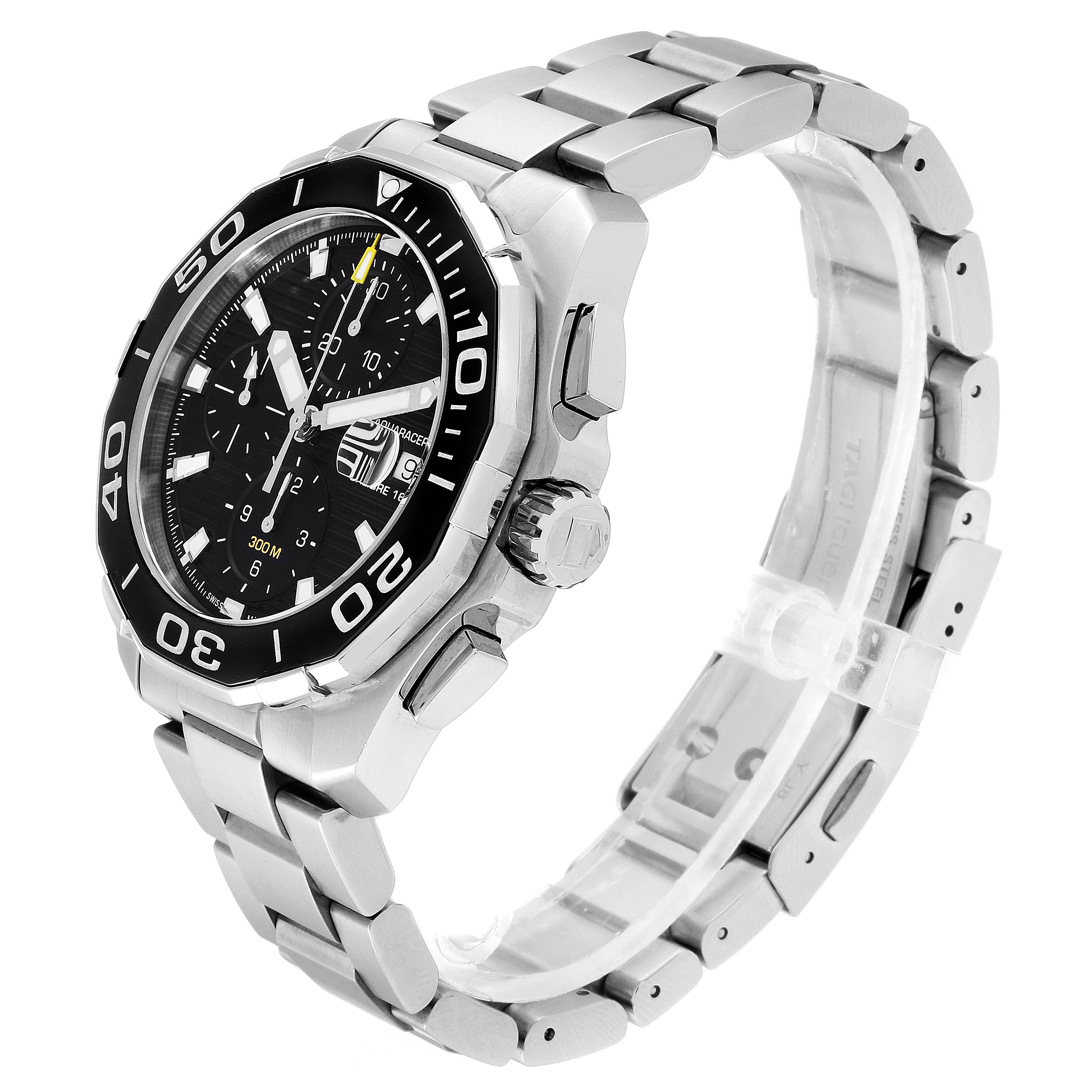 The image shows a side-angle view of the Tag Heuer Aquaracer CAY211A.BA0927 Men's Stainless Steel Black Dial CAY211A.BA0927 Men's Stainless Steel Black Dial watch, highlighting its bezel, dial, and bracelet.