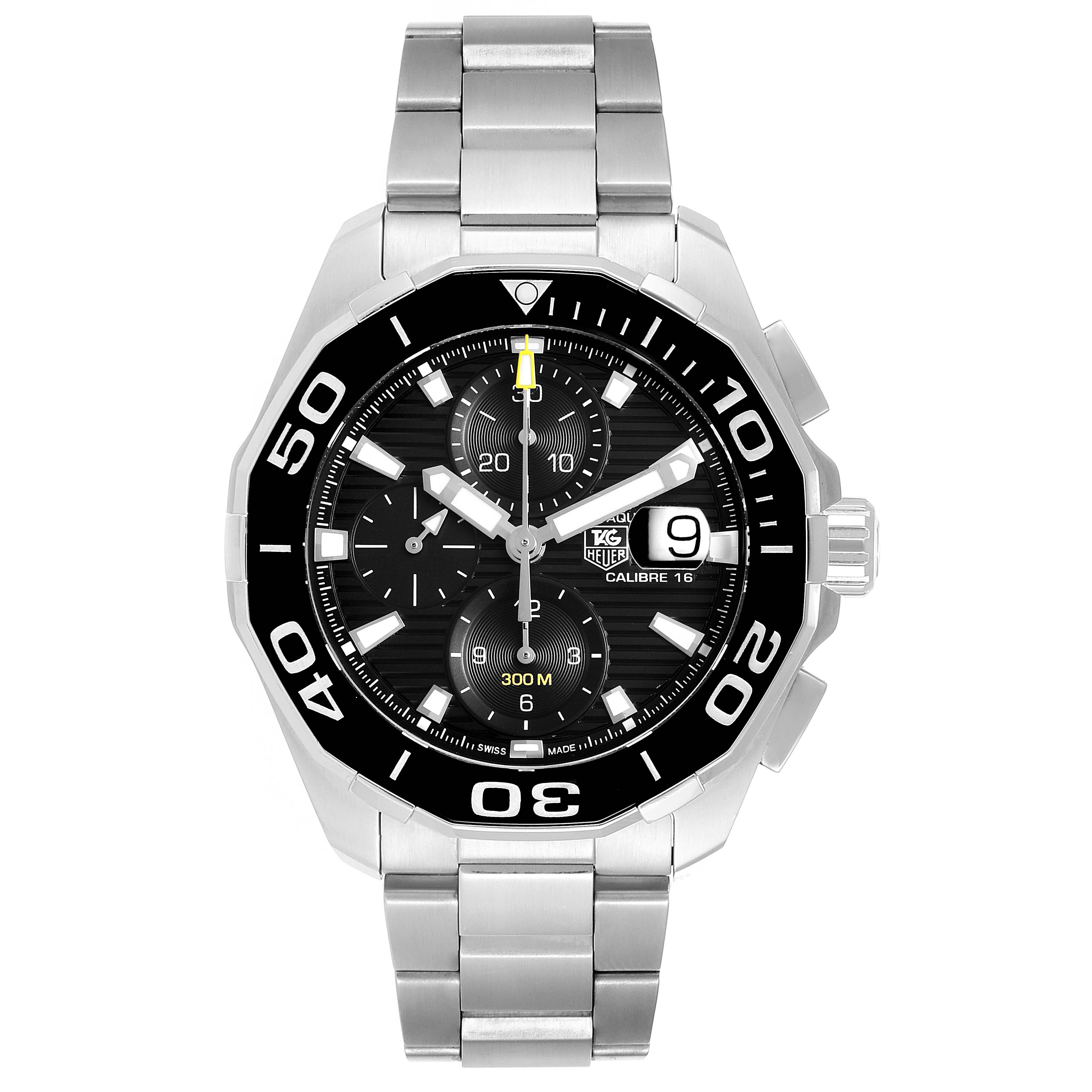 The image shows the front view of a Tag Heuer Aquaracer CAY211A.BA0927 Men's Stainless Steel Black Dial CAY211A.BA0927 Men's Stainless Steel Black Dial watch, displaying the dial, bezel, subdials, and bracelet.