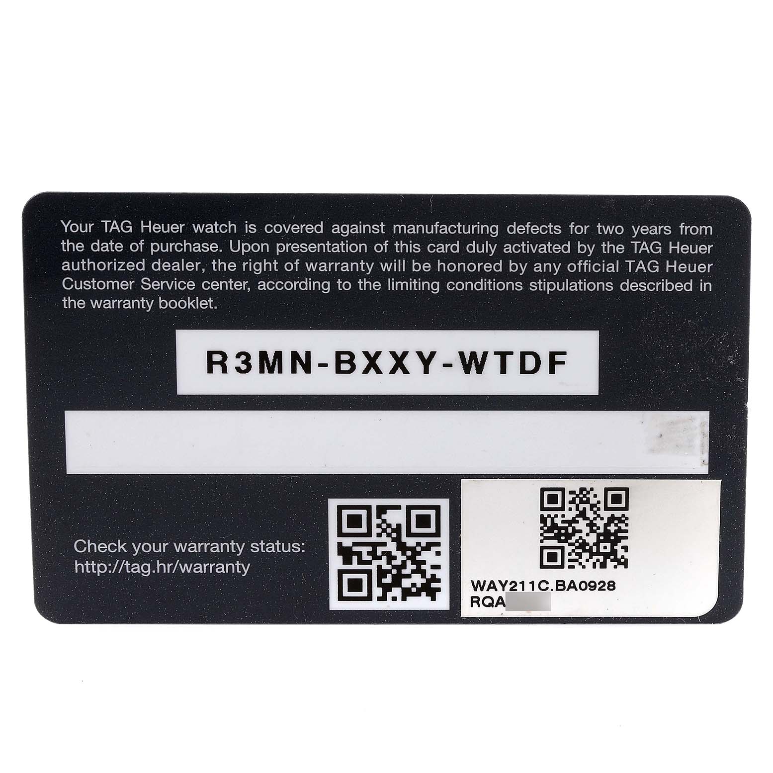 This image shows the warranty card for the Tag Heuer Aquaracer WAY211C.BA0928 Men
s Stainless Steel Blue Dial WAY211C.BA0928 Men
s Stainless Steel Blue Dial model, viewed from a straight-on angle.