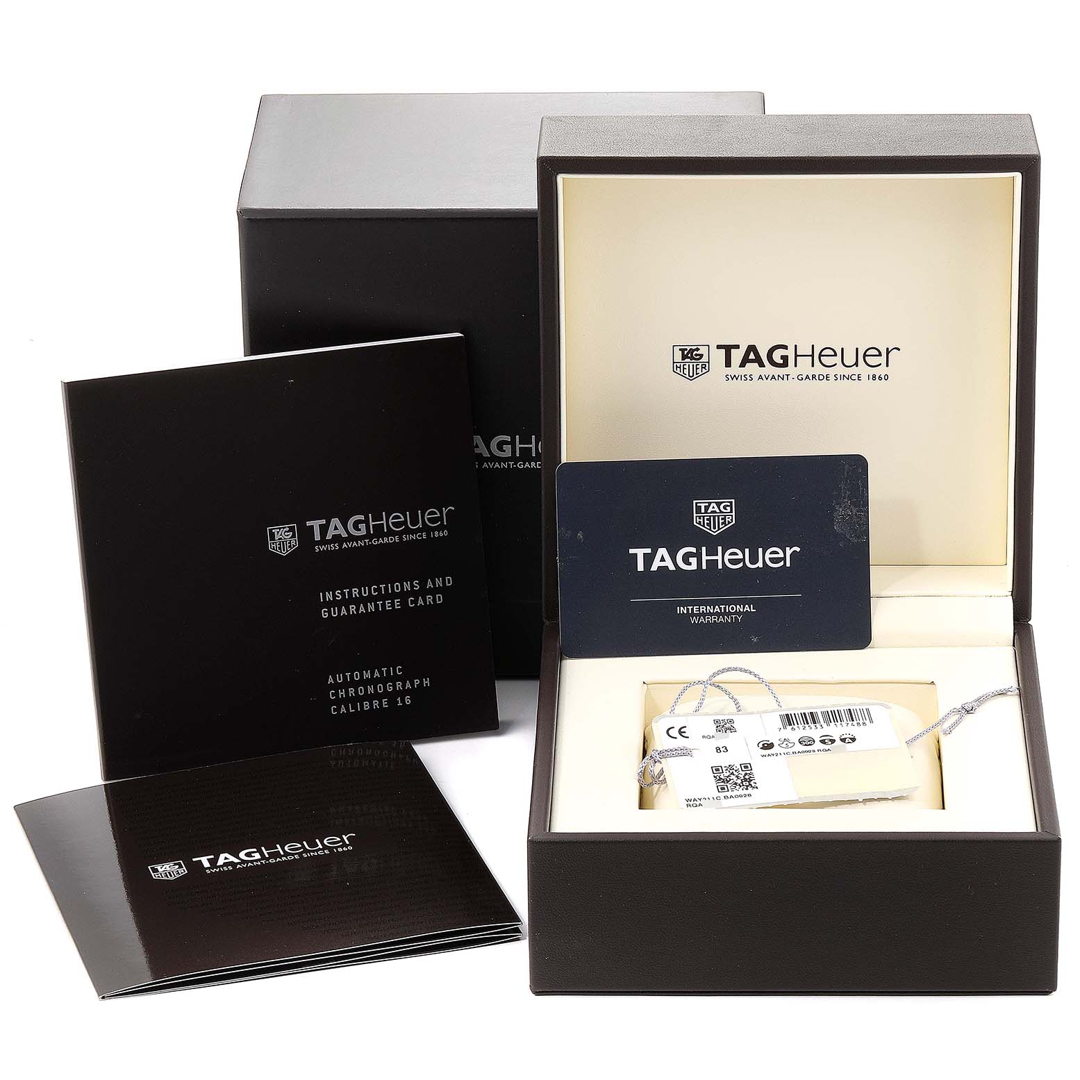 The image shows the Tag Heuer Aquaracer WAY211C.BA0928 Men
s Stainless Steel Blue Dial WAY211C.BA0928 Men
s Stainless Steel Blue Dial packaging, including the watch box, documents, and warranty card.