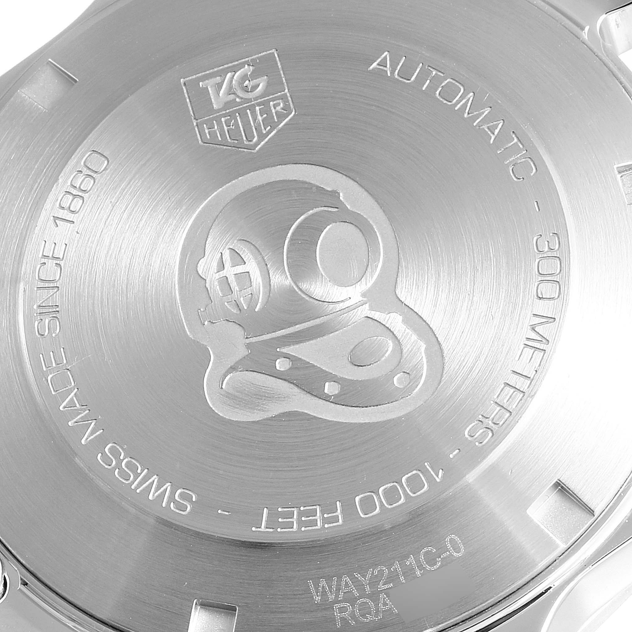 The image shows the back case of the Tag Heuer Aquaracer WAY211C.BA0928 Men
s Stainless Steel Blue Dial WAY211C.BA0928 Men
s Stainless Steel Blue Dial watch, displaying branding and specifications.