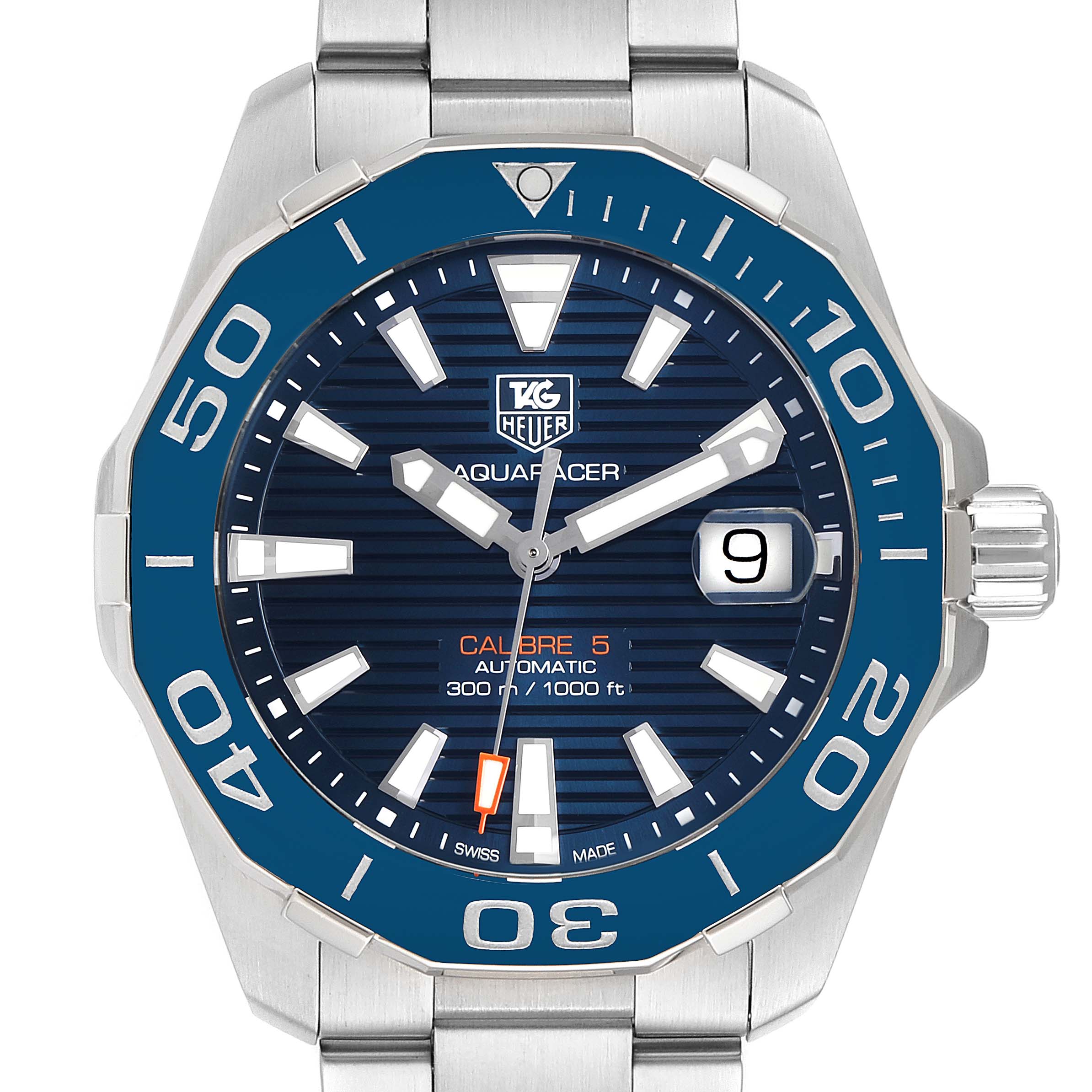 This image shows a front view of the Tag Heuer Aquaracer WAY211C.BA0928 Men
s Stainless Steel Blue Dial WAY211C.BA0928 Men
s Stainless Steel Blue Dial watch, focusing on its dial, bezel, and part of the bracelet.