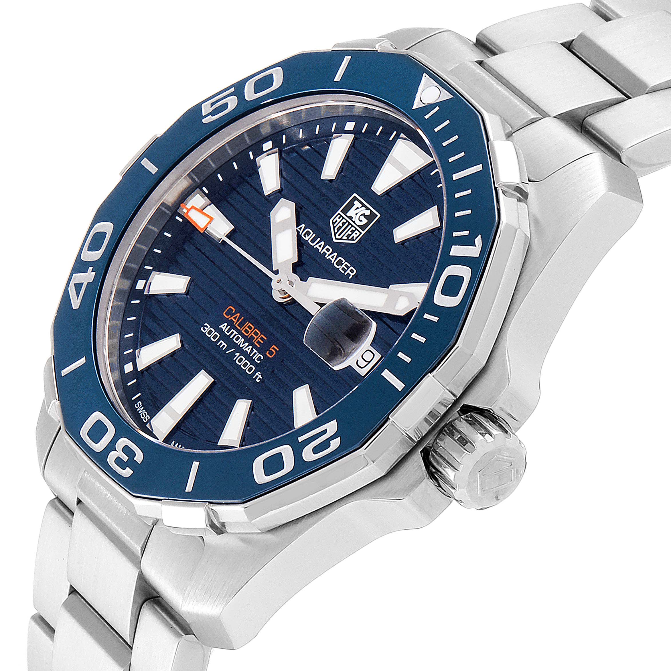 The image shows a close-up angled view of the Tag Heuer Aquaracer WAY211C.BA0928 Men
s Stainless Steel Blue Dial WAY211C.BA0928 Men
s Stainless Steel Blue Dial watch, featuring the dial, bezel, and part of the bracelet.