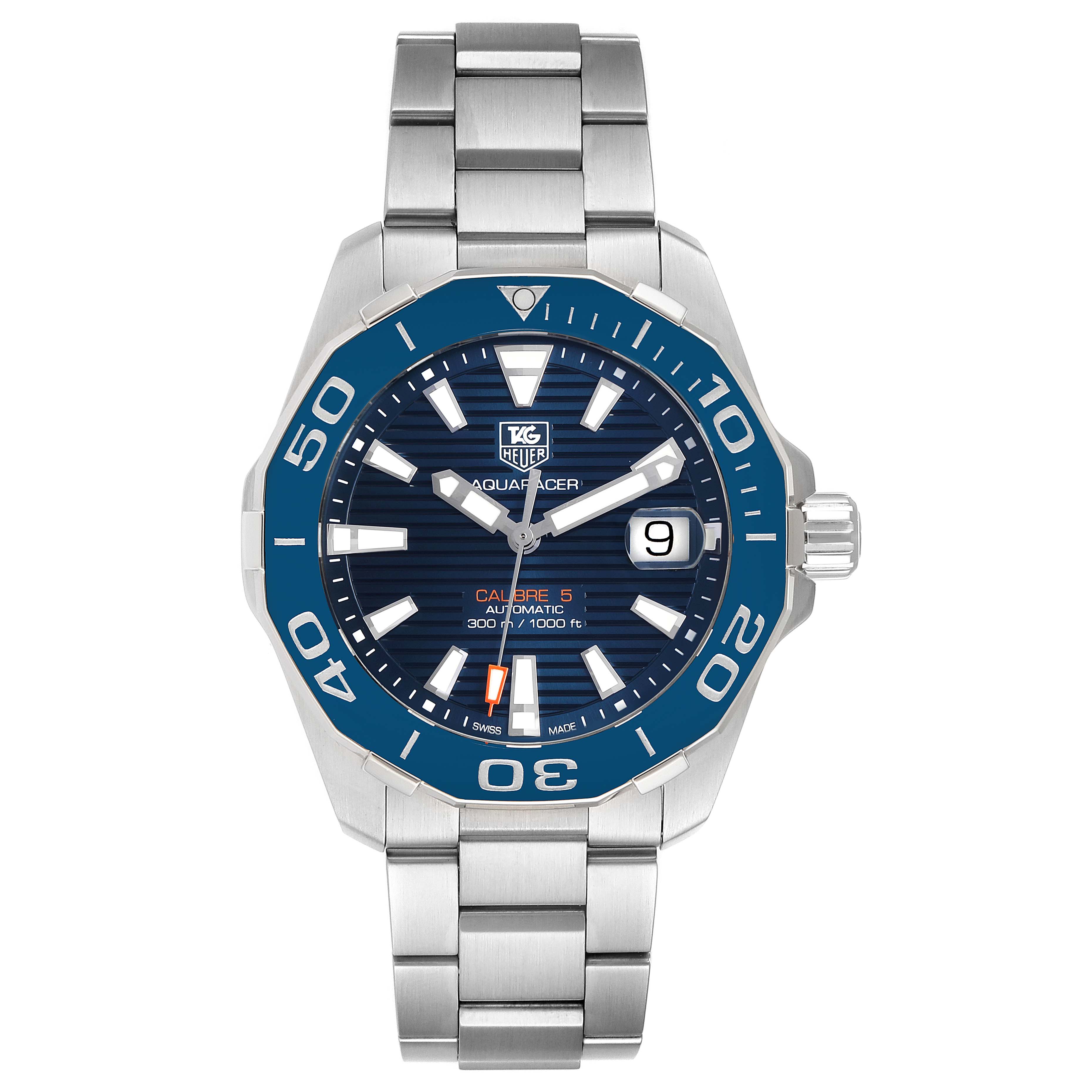 This image shows a frontal view of the Tag Heuer Aquaracer WAY211C.BA0928 Men
s Stainless Steel Blue Dial WAY211C.BA0928 Men
s Stainless Steel Blue Dial watch, highlighting its face, bezel, and metal bracelet.