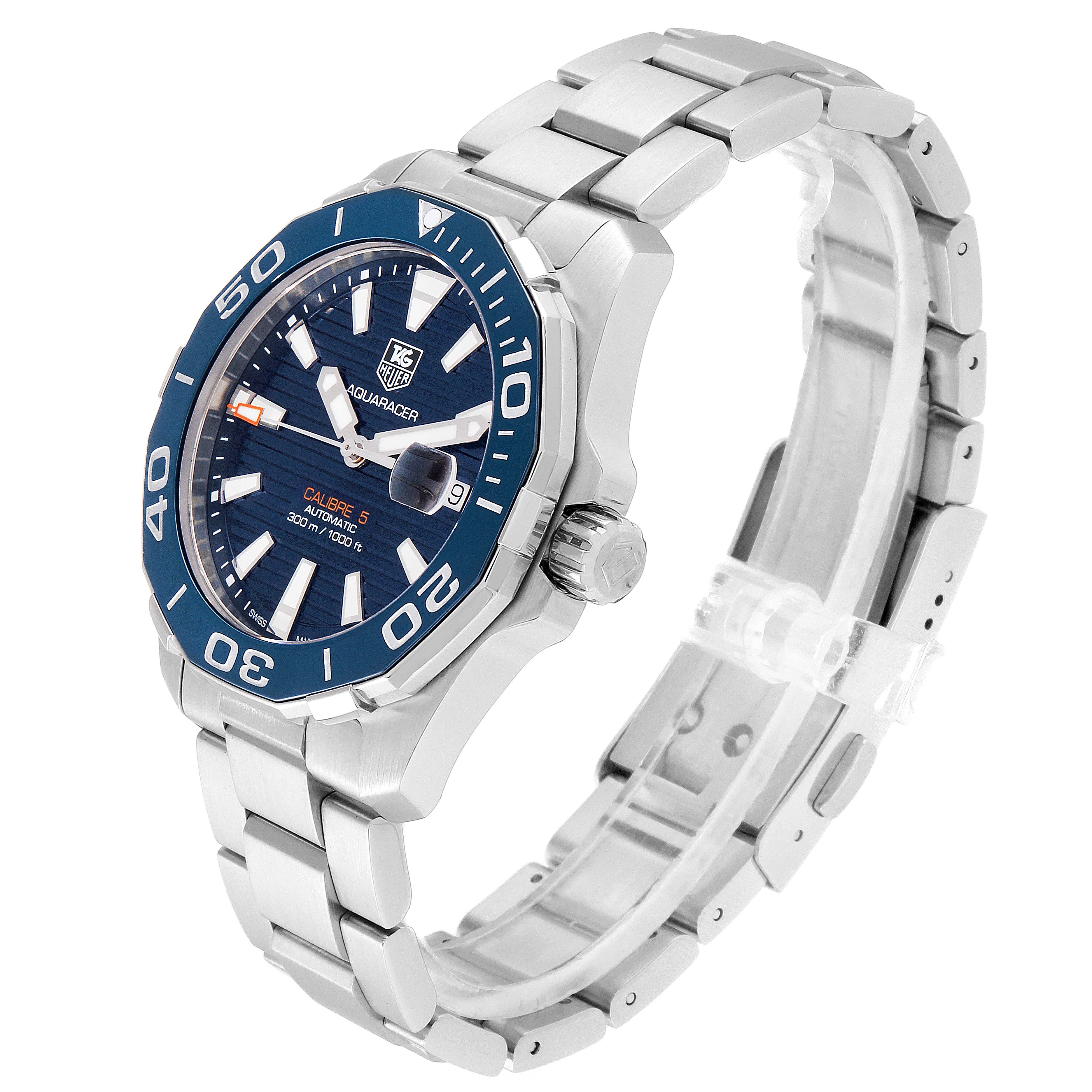 The image shows a side angle of a Tag Heuer Aquaracer WAY211C.BA0928 Men
s Stainless Steel Blue Dial WAY211C.BA0928 Men
s Stainless Steel Blue Dial watch featuring its bezel, dial, and bracelet.