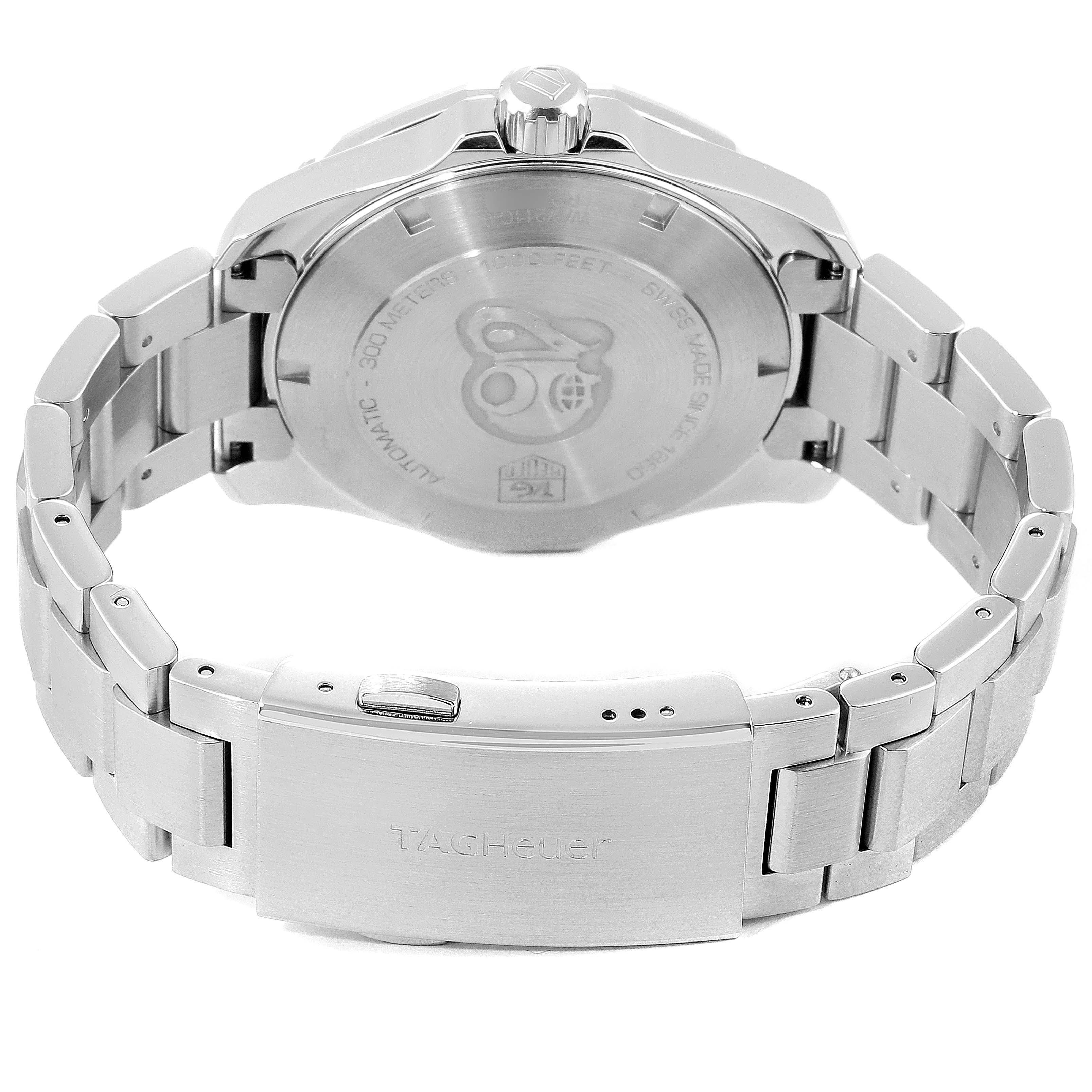 The image shows the back case and clasp of the Tag Heuer Aquaracer WAY211C.BA0928 Men
s Stainless Steel Blue Dial WAY211C.BA0928 Men
s Stainless Steel Blue Dial watch, highlighting the stainless steel bracelet and engraved case back.