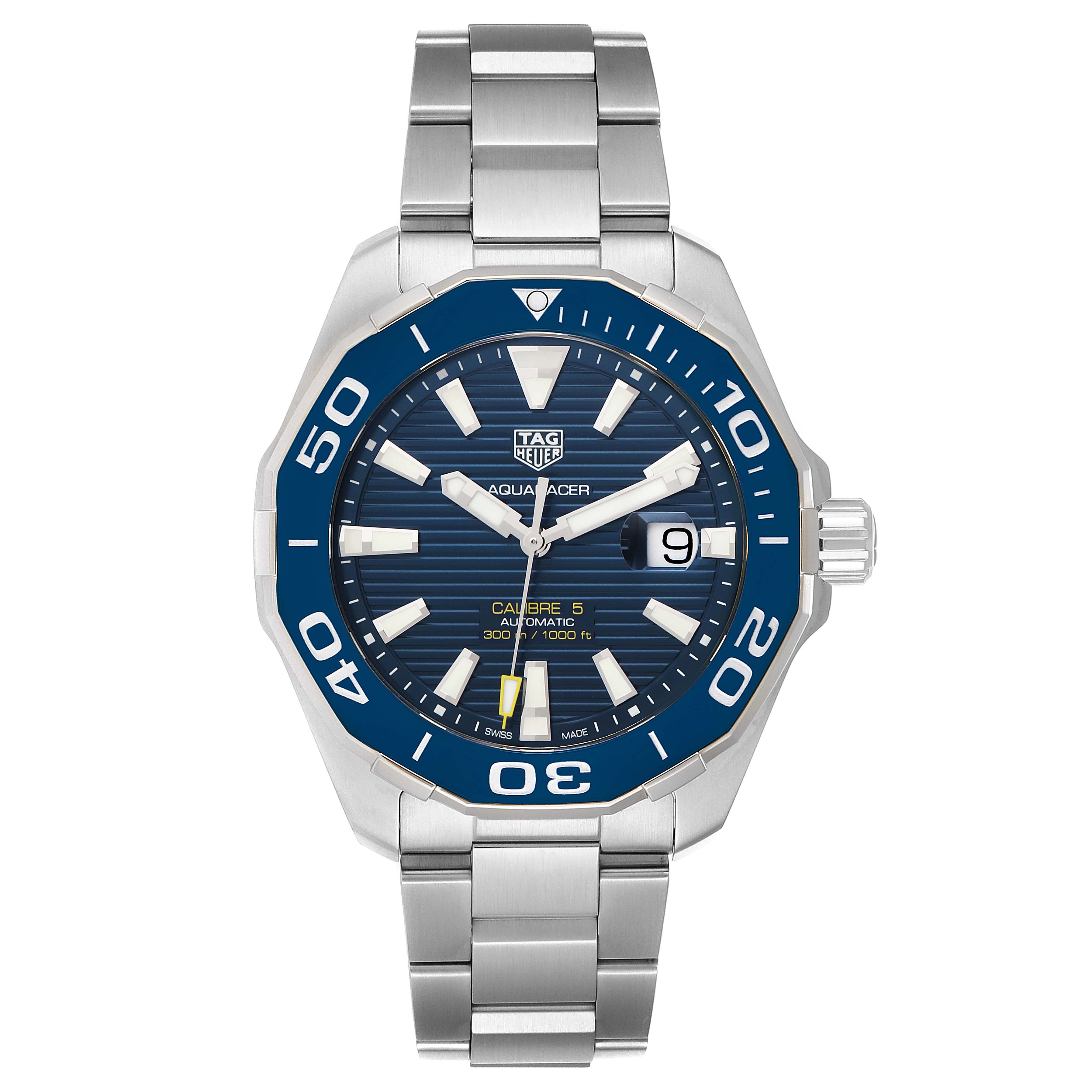 The image shows a front view of the Tag Heuer Aquaracer WAY201B Men
s Stainless Steel Blue Dial WAY201B Men
s Stainless Steel Blue Dial watch, highlighting its face, bezel, and bracelet.