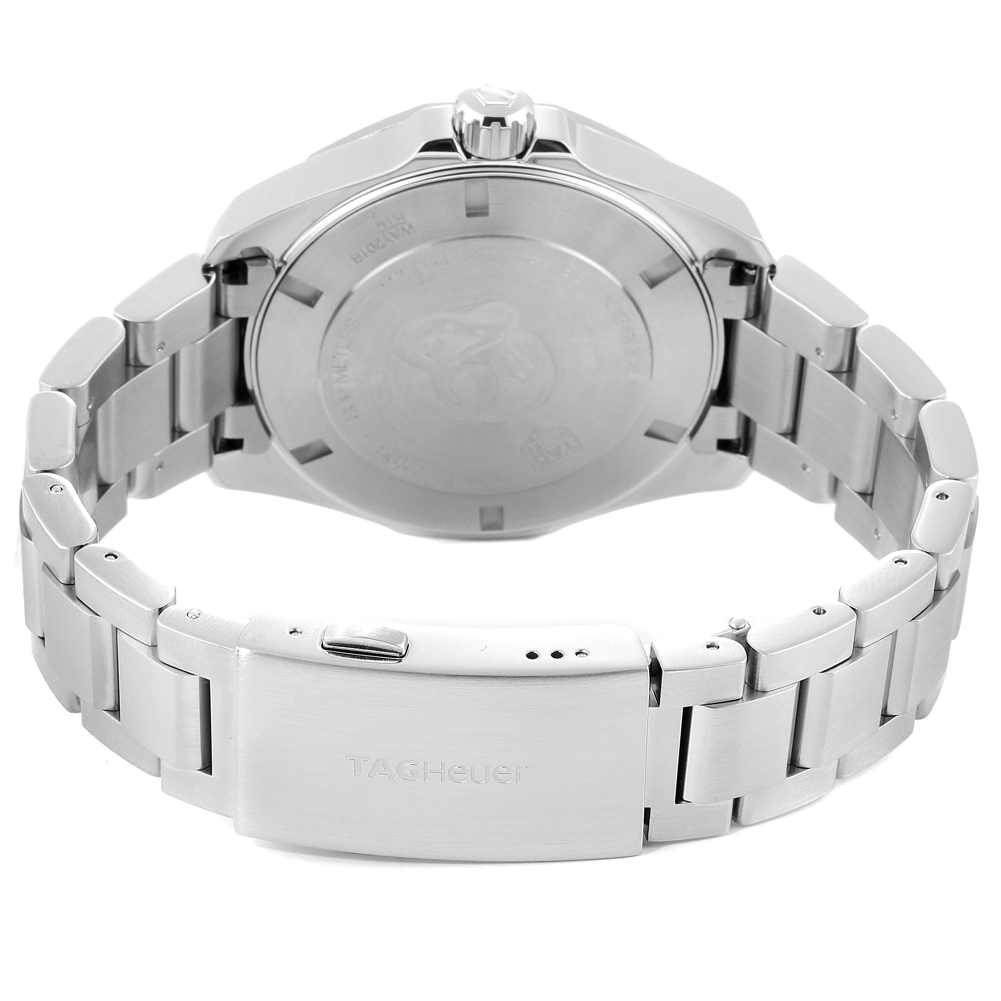 The image shows the back of a Tag Heuer Aquaracer WAY201B Men
s Stainless Steel Blue Dial WAY201B Men
s Stainless Steel Blue Dial watch, including the case back and the bracelet with the clasp.
